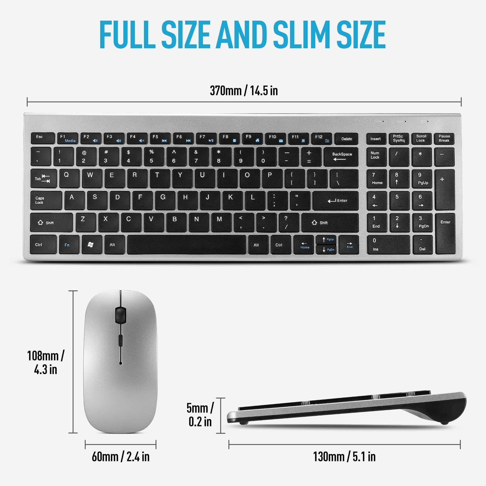 Kabellose, leise, leichte Tastatur und Maus, ultradünn, 2,4 G, USB, leise, kompakt, Scherenschalter, Tastatur-Maus-Set mit Abdeckung, 2 AA- und 2 AAA-Batterien, für Laptop/PC/Windows – Grau + Schwarz