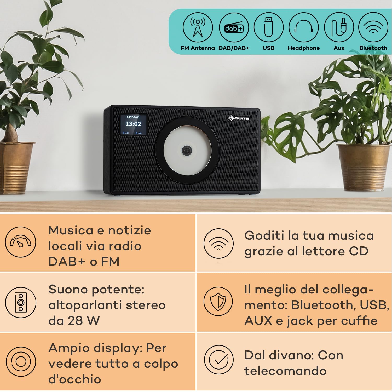 Vertico Radio Stereo Casa DAB/FM/DAB+ Bluetooth 28W Lettore CD Display LCD Radiosveglia Vintage Legno
