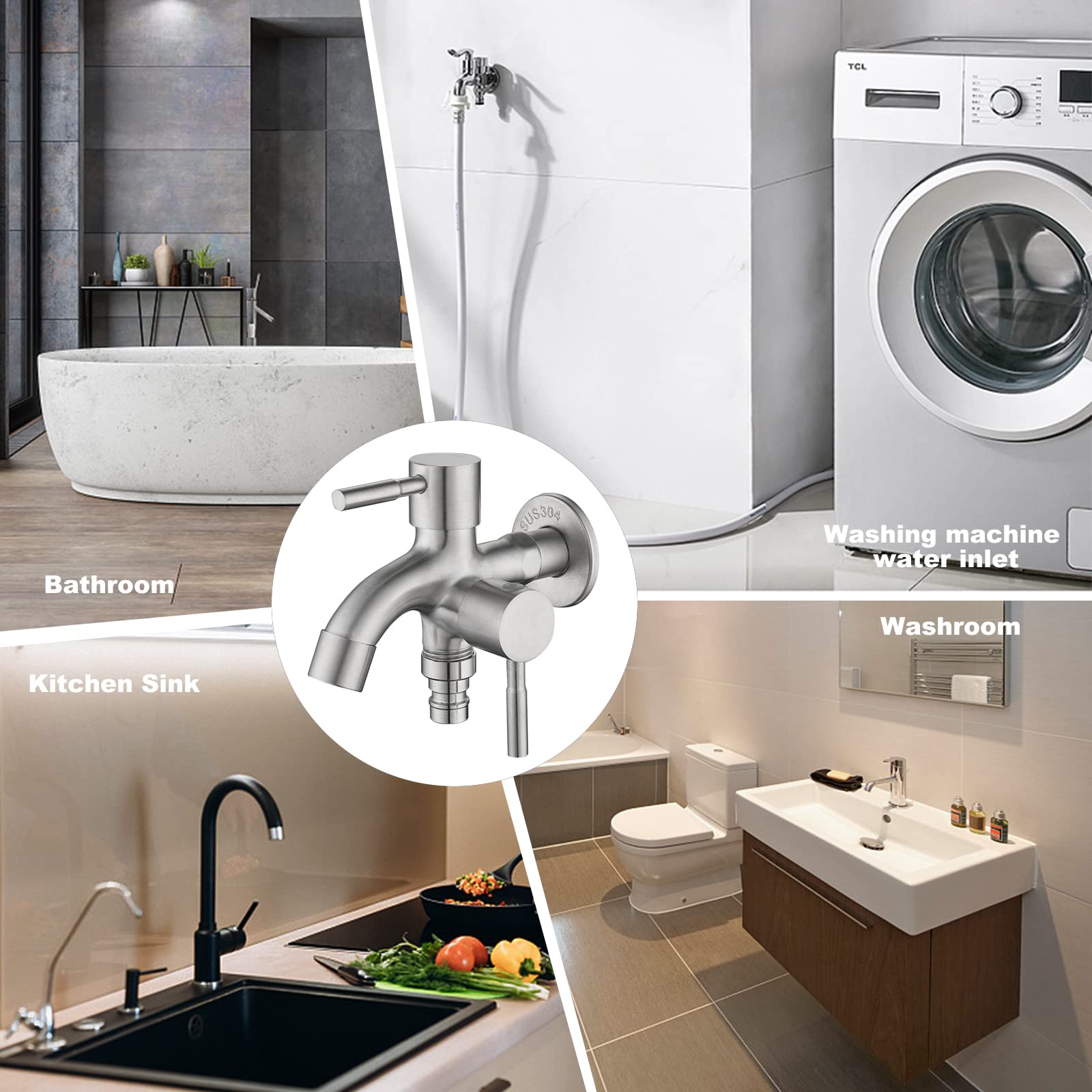 Double robinet universel 1/2" en acier inoxydable avec raccords de tuyau, robinet de jardin double multifonction pour machine à laver, jardin, cuisine, salle de bain