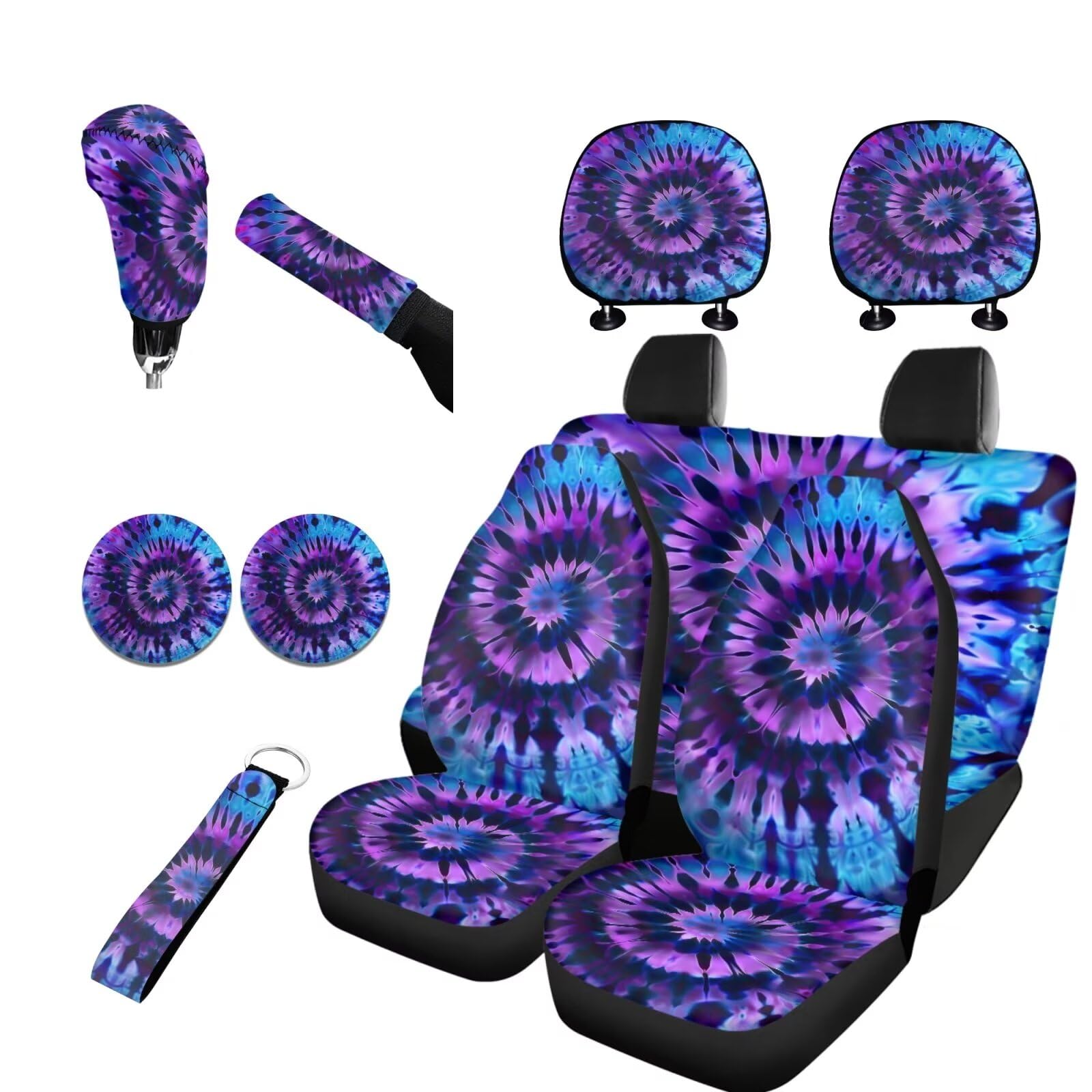 Horeset Purple Spiral Tie Dye Car Seat Covers Full Set 11 Pcs with Cars Headrest Cover,Lanyards Key Ring,Auto Cup Coaster,Handbrake & Gear Shift Knob