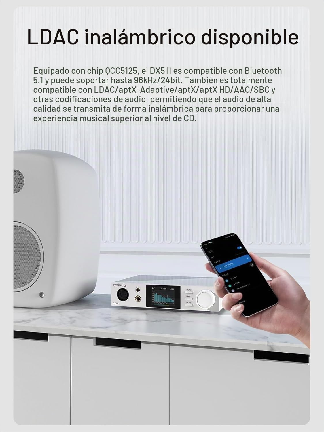 Topping DX5 II DAC Amplificador de Auriculares con Bluetooth 5.1, Chip DAC ES9039Q2M, Amplificación X-Hybrid, Ecualización de 10 Bandas y Salidas Balanceadas, USB XMOS, Alta Resolución, RC, Plata