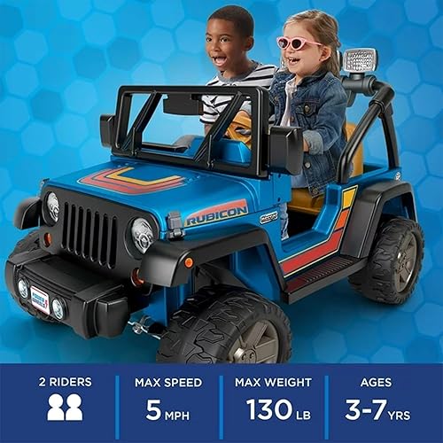 Miniatura 2 de Fisher-Price Power Wheels - Vehículo de juguete retro Jeep Wrangler de 2 plazas con luces de trabajo, radio de simulación y almacenamiento