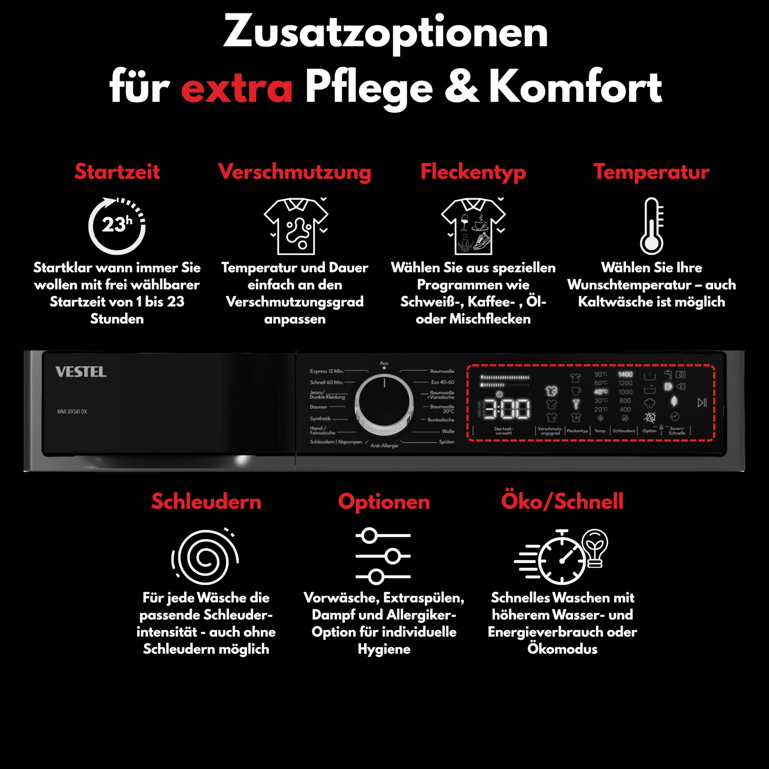 VESTEL WMI 89341 DX Waschmaschine Frontlader, 8 kg, 1400 U/min, Inverter-Motor, Dampf, AquaStop+Switch, Dark Inox