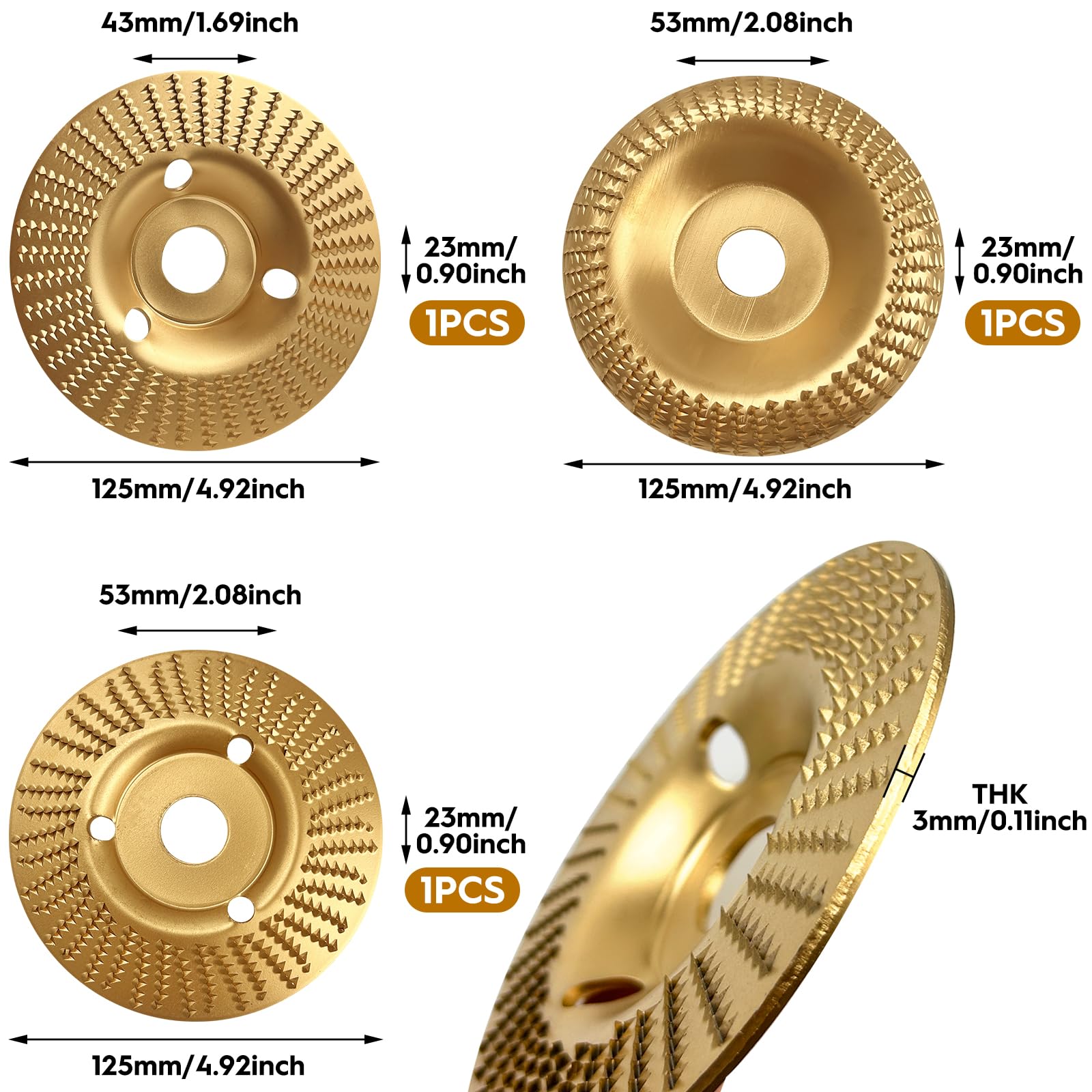 3 pièces de disques abrasifs pour bois de 125 mm, diamètre intérieur 22 mm, ensemble de disques pour meuleuse d’angle, disque de sculpture en bois, accessoires pour meuleuse d’angle, fraise pour bois