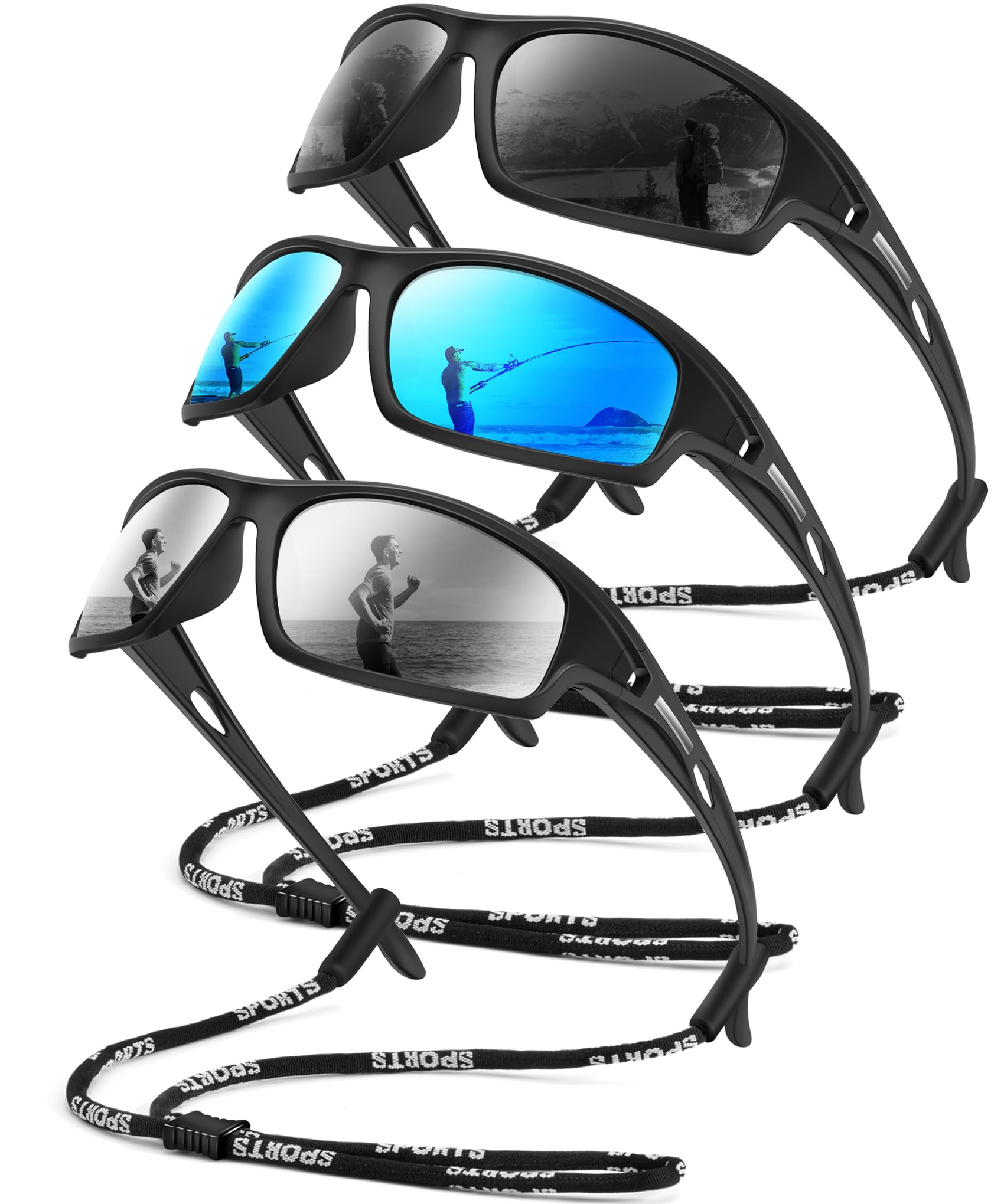Occhiali da sole polarizzati da uomo sportivi: occhiali da sole avvolgenti per corsa, ciclismo, golf, protezione UV, confezione da 3