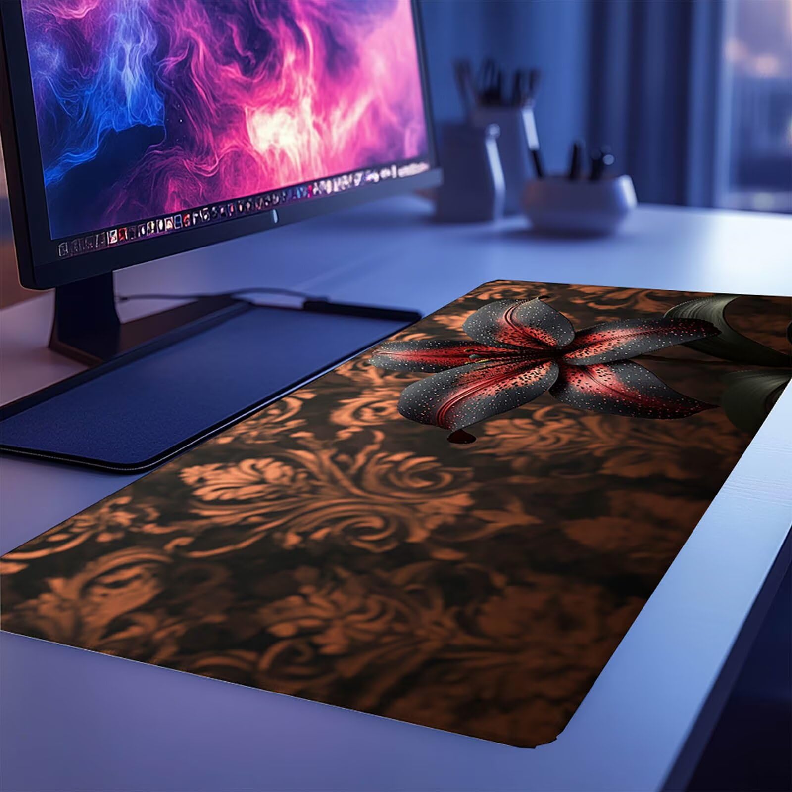 Czarna podkładka pod mysz xxL 1200 x 600 x 3 mm, podkładka na biurko kwiat z antypoślizgową i wodoodporną gumową podstawą, poprawia precyzję i szybkość, do gier, dekoracja biurowa GYL2949