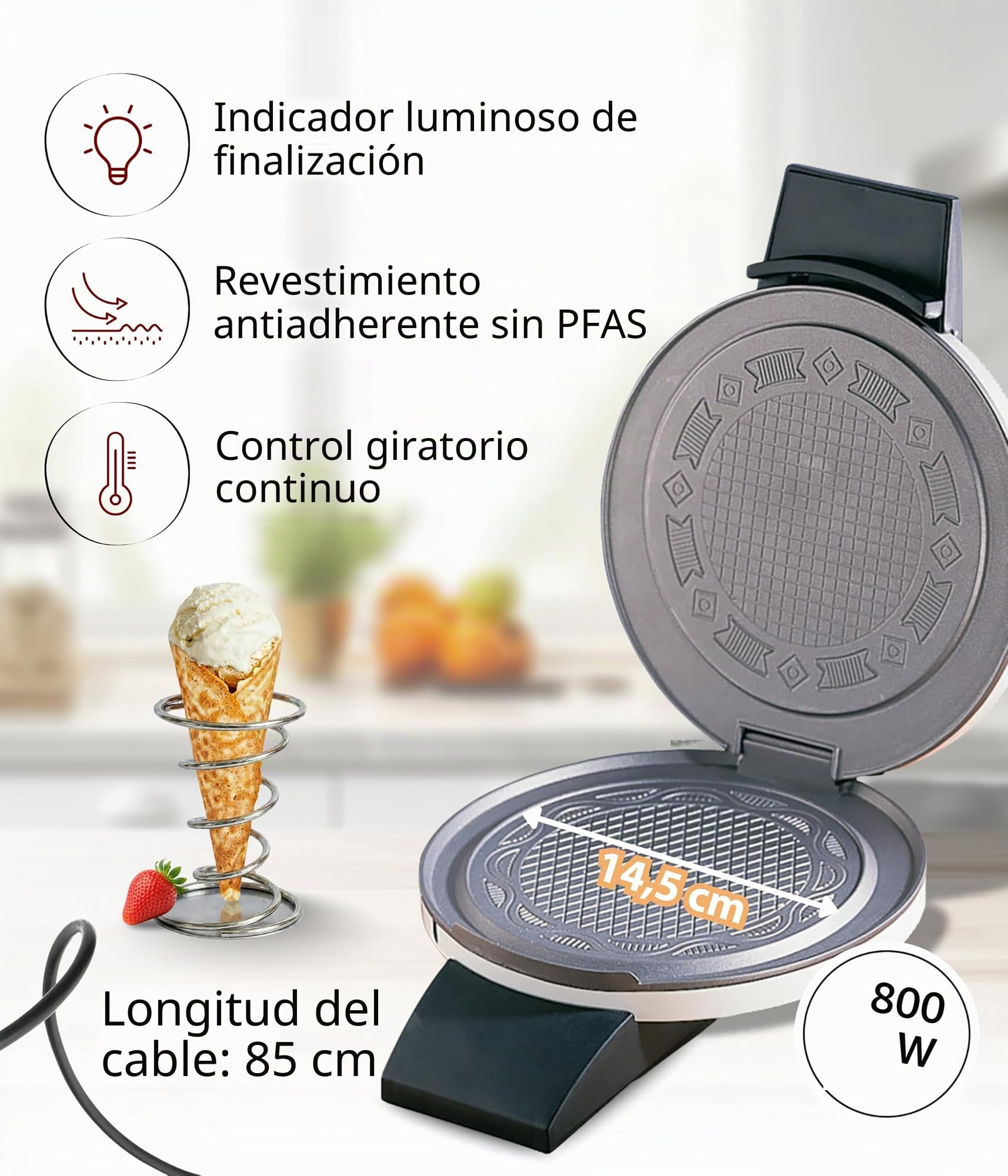 Cloer 261 Gofrera para gofres helados, 800 vatios, Área de horneado 14,5 cm, con revestimiento antiadherente, Grado de dorado variable con la barra perilla, blanco, metal