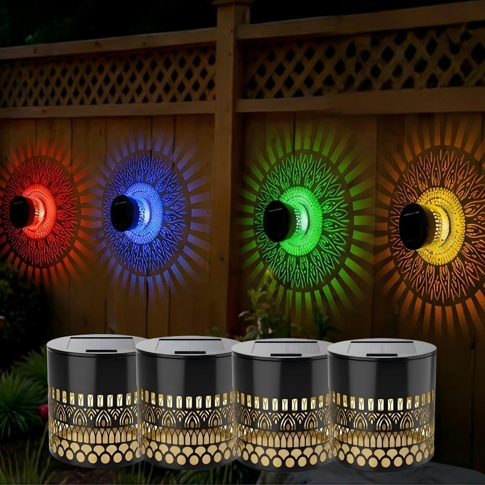 4 Pack Solar Mandala Wall Lights, Ip65 Waterproof Seven-Color Changing Decorative Solar Mandala Projection Lamp, Outdoor Waterproof Metal Fence Light for Yard Garden (4, Colour – Round)