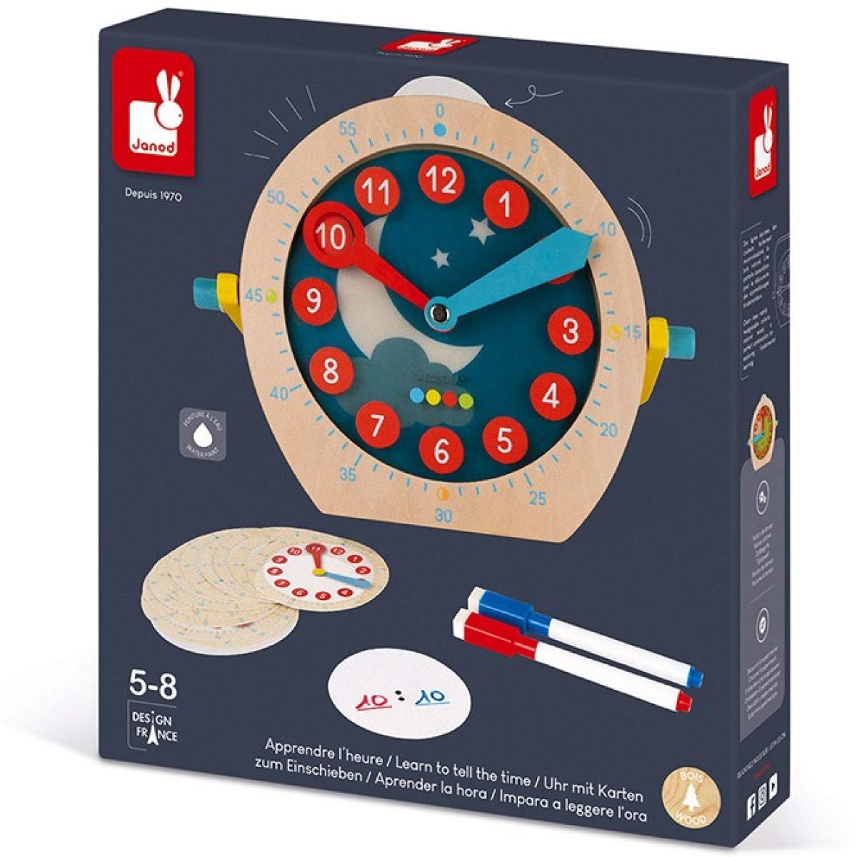 Janod Essentiel Apprendre l'Heure Jeu Éducatif Bois Apprentissage Chiffres Mathématiques 22 Accessoires 5 Ans