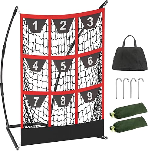 Queension Red de lanzamiento objetivo de 9 agujeros con zona de golpeo  Red de bateo de béisbol con bolsillos objetivo, red de lanzamiento con