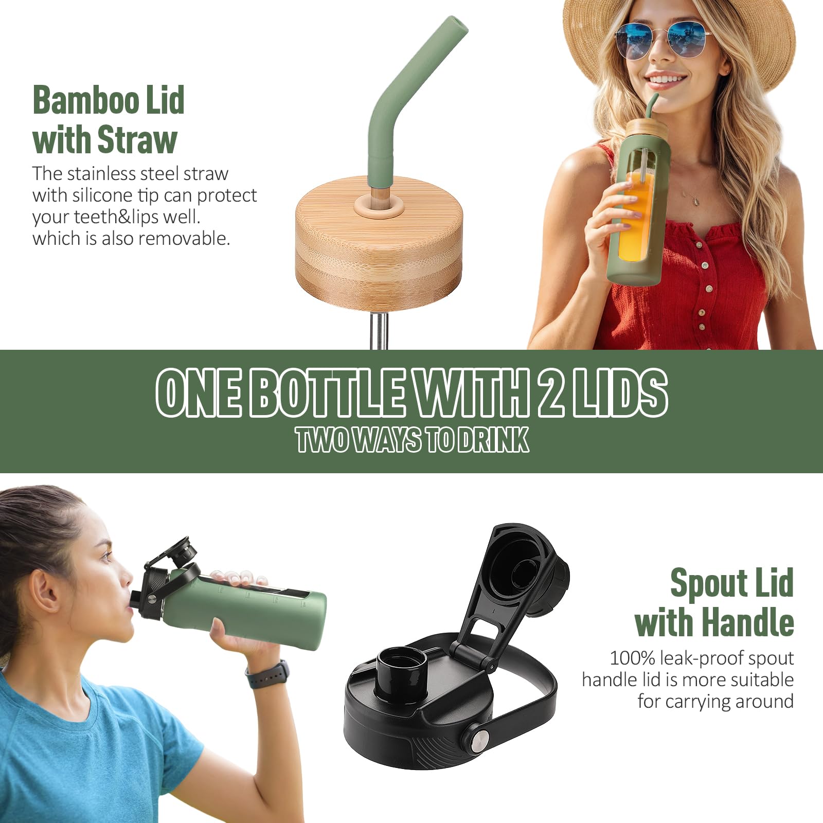 BLUEGO Borraccia in vetro da 600ml con cannuccia e 2 coperchi, tazza da caffè in vetro con custodia in silicone, senza BPA, Verde oliva