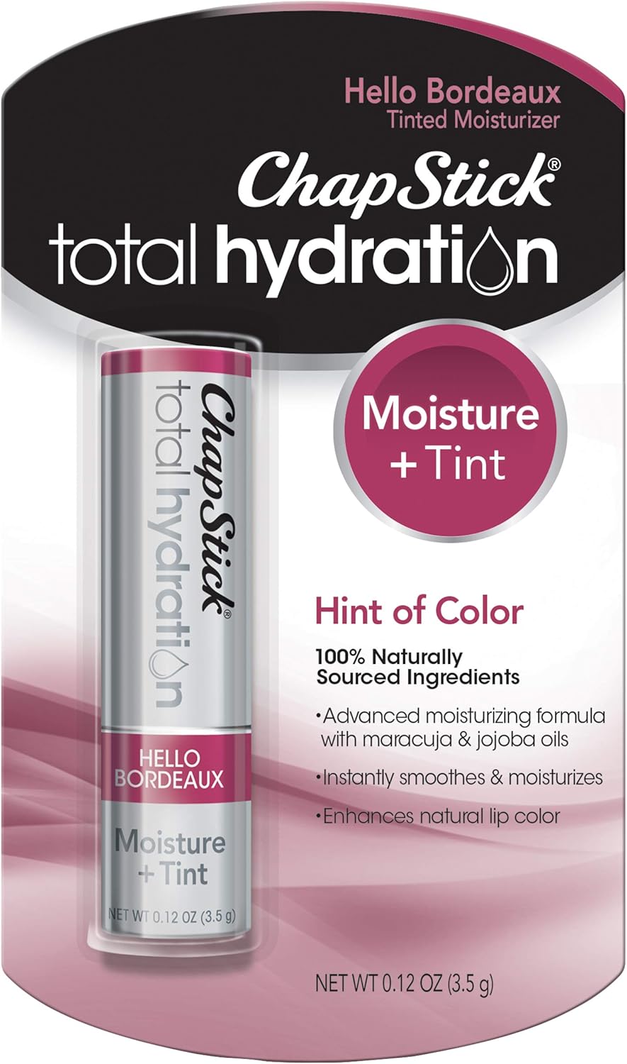 ChapStick Total Hydration Moisture + Tint Hello Bordeaux Tinted Lip Balm Tube, Tinted Moisturizer - 0.12 Oz