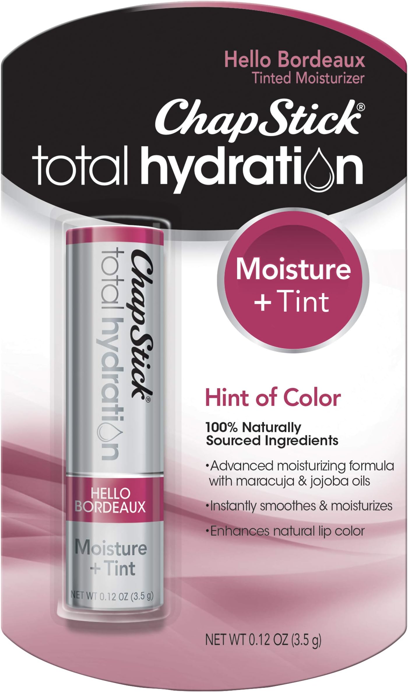 ChapStick Total Hydration Moisture + Tint Hello Bordeaux Tinted Lip Balm Tube, Tinted Moisturizer - 0.12 Oz