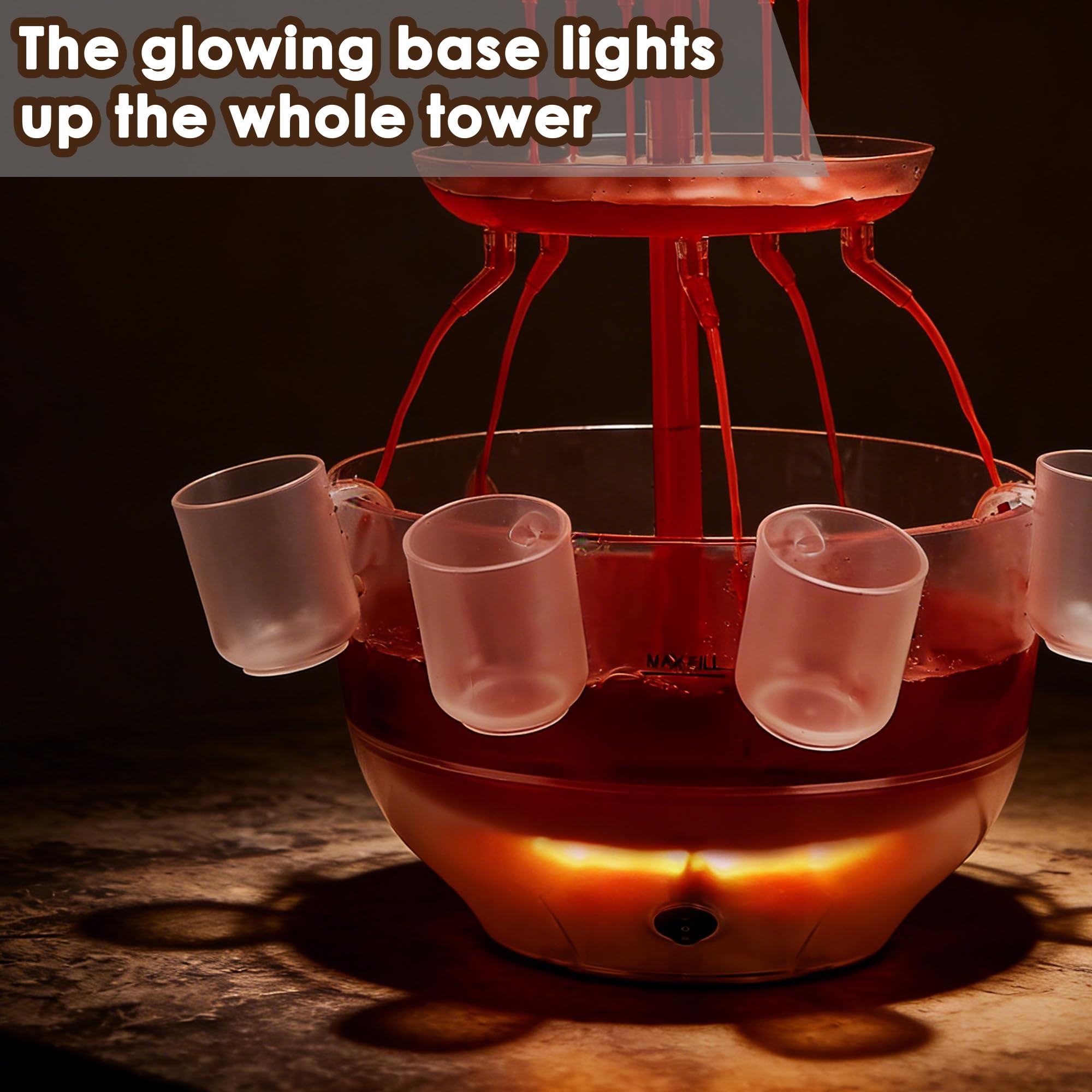 Fuente transparente de 3 niveles, fuente de bebidas de 4 l con base iluminada LED con 4 vasos reutilizables, fuente de fiesta vintage para zumos, vinos, cervezas