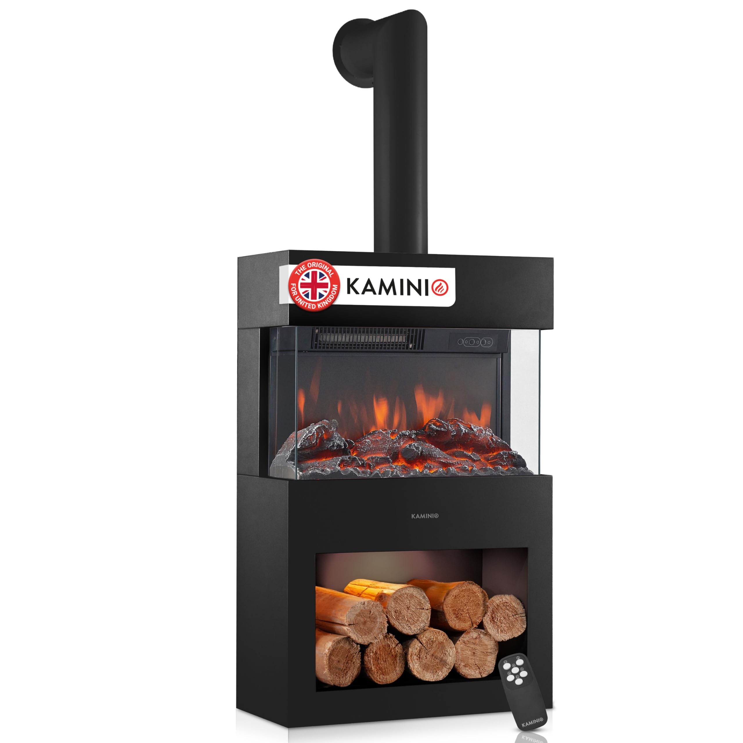 Kaminio Black Electric Fireplace Henri With Pipe - Electric Stove With Heater, 3D Flame Effect, Led Mood Light, Wood Storage Compartment, Remote Control (Black)