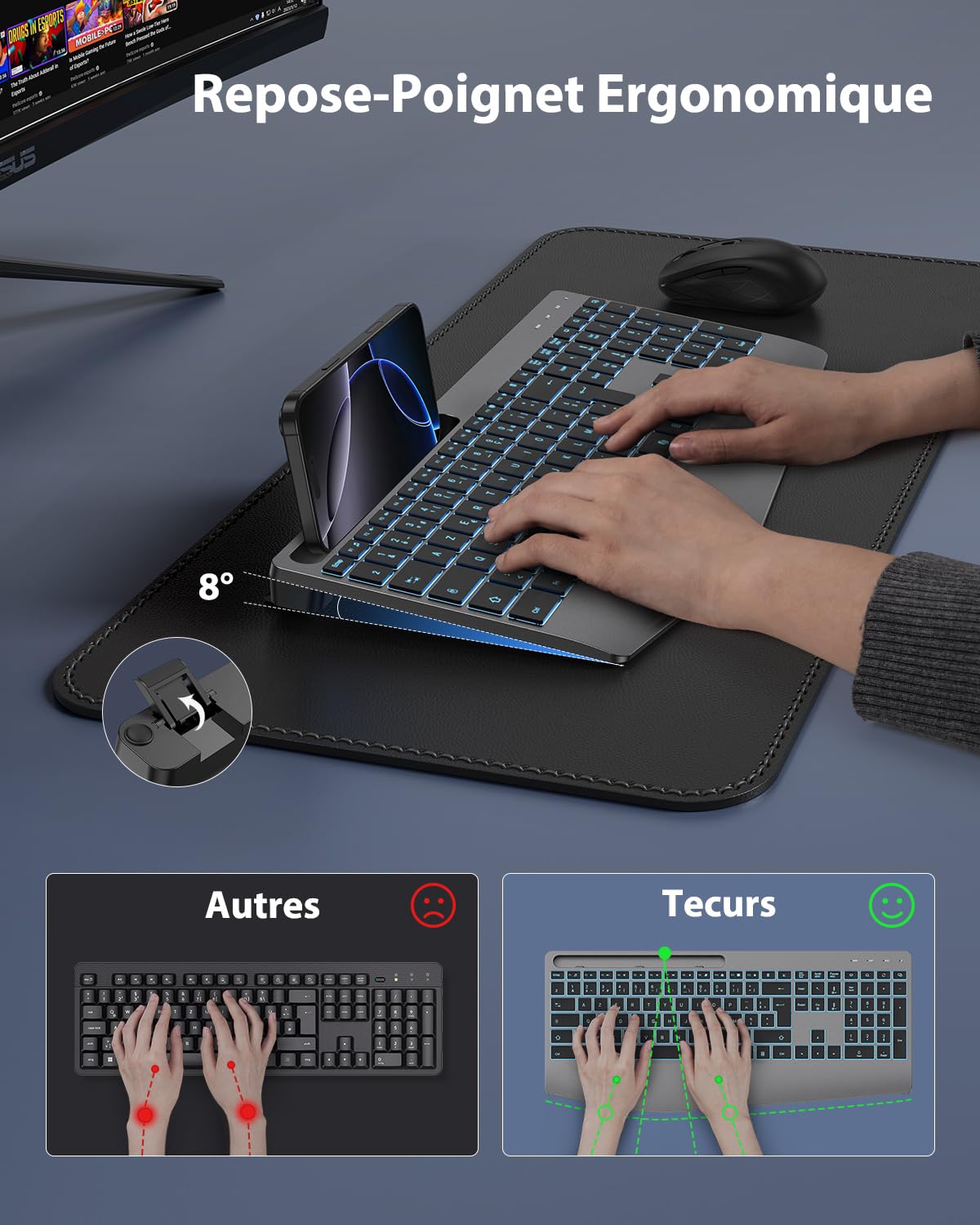 TECURS Clavier sans Fil Ergonomique avec Repose-Poignet, 2,4G Wireless Keyboard Silencieux Rechargeable avec Copilot, Rétroéclairé, Clavier Ordinateur AZERTY pour Windows 11/10/8/7/Vista/XP, Linux