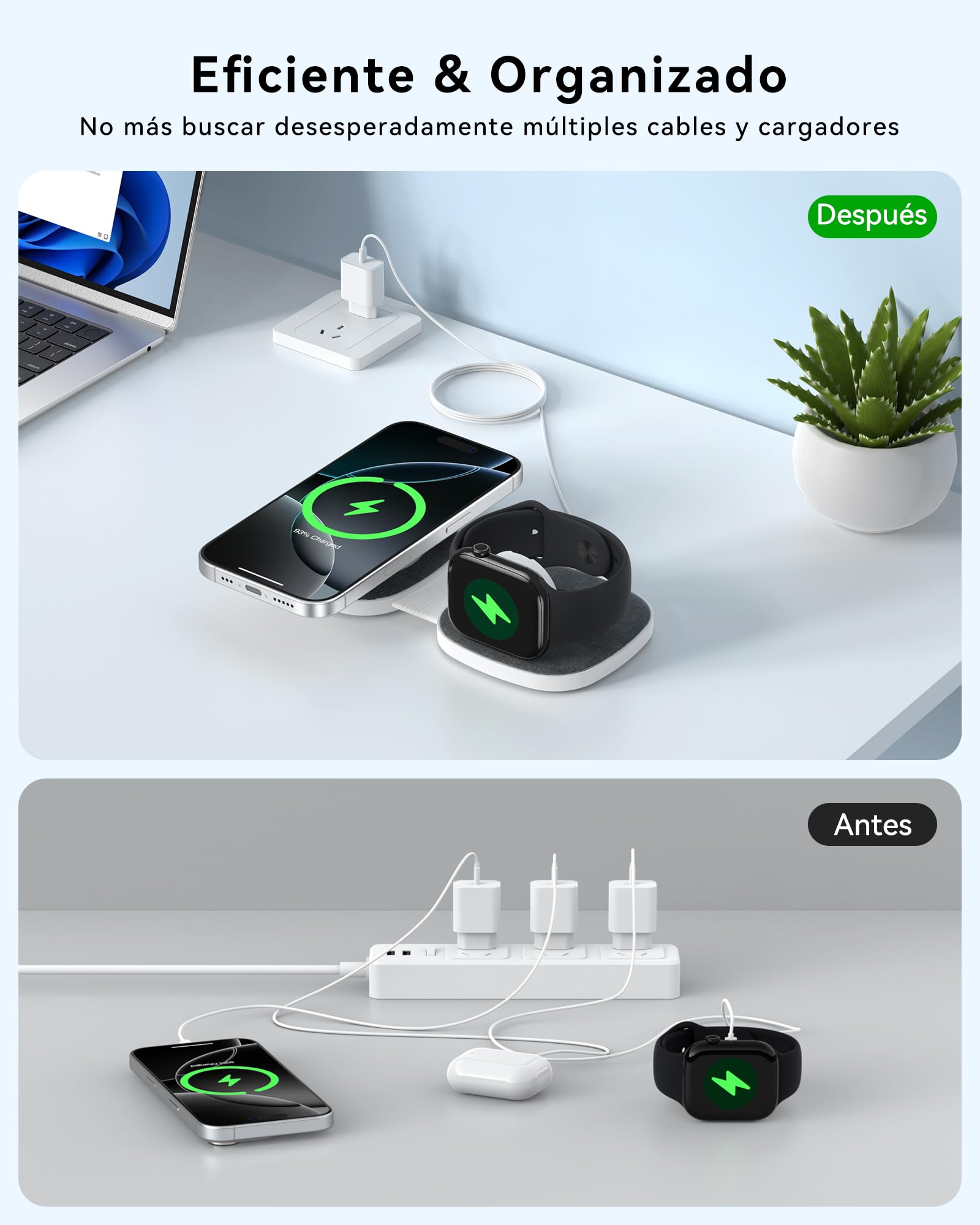 2 en 1 Cargador Inalambrico para MagSafe Plegable para iPhone 17, Air, 16, 15, 14, 13, 12 Series, para Apple Watch Series 11 10 9 8 7 6 5 4 3 2 1 SE/Ultra, para AirPods Estacion de Carga