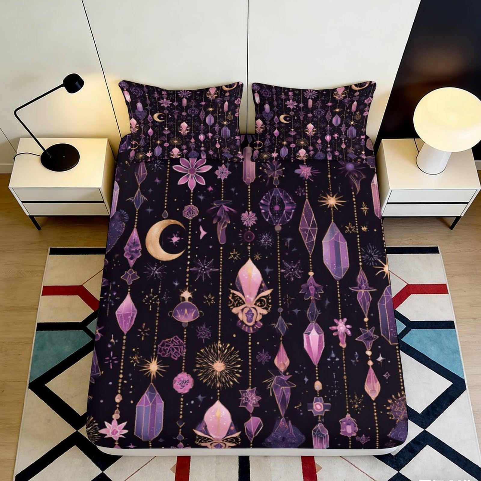 Pnayamiorkfel Style-1 3D Printed Mystic Crystal Fitted Sheet Microfiber Soft Washable Moon Star Mattress Cover Bedroom Decor 90X200x25cm