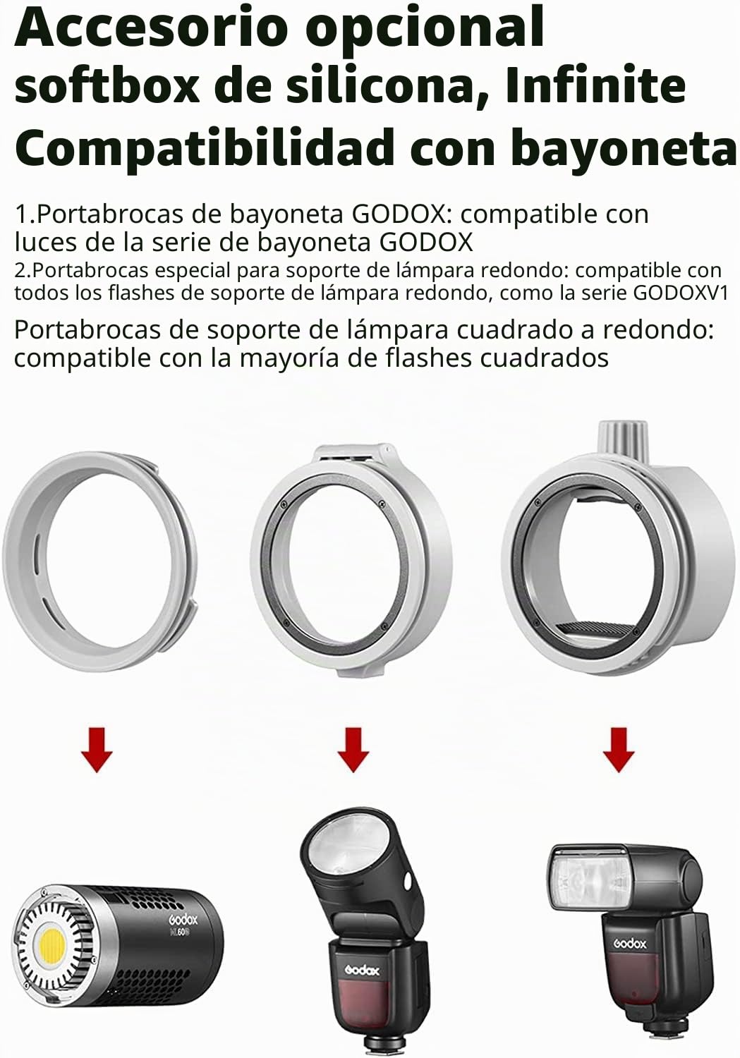 GODOX ML-CD15 Kit de Difusión con 3 Adaptadores Compatibles para ML30 ML30Bi ML60 ML60Bi V1 V860III V1C V1N V1S V1O V1P TT685S AD300Pro AD400Pro