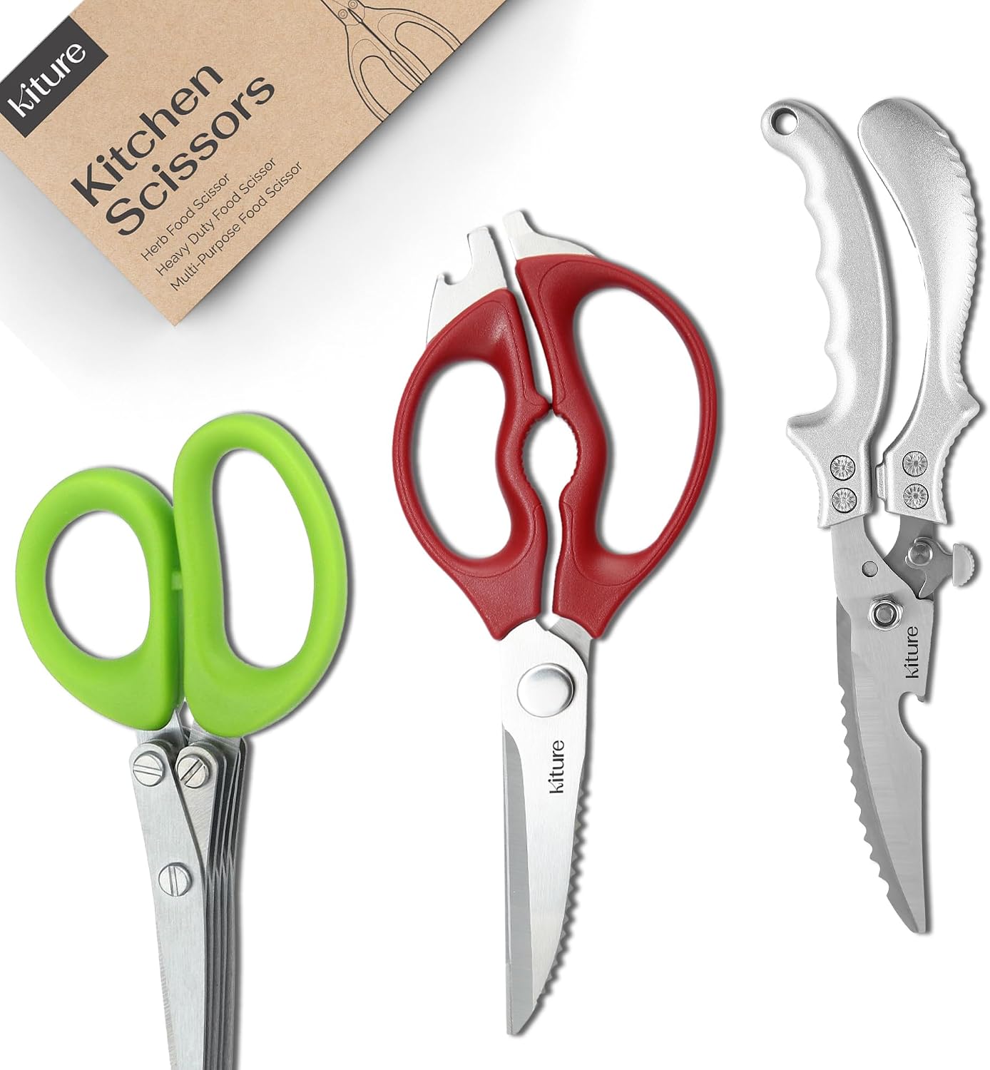 Heavy Duty Kitchen Shear with Bonus MultiPurpose and Herb Scissors 420 Stainless Steel for Chicken, Meat, Fish and Poultry Gift Set with Kitchen Shears for Food and Herbs Scissors by Kiture