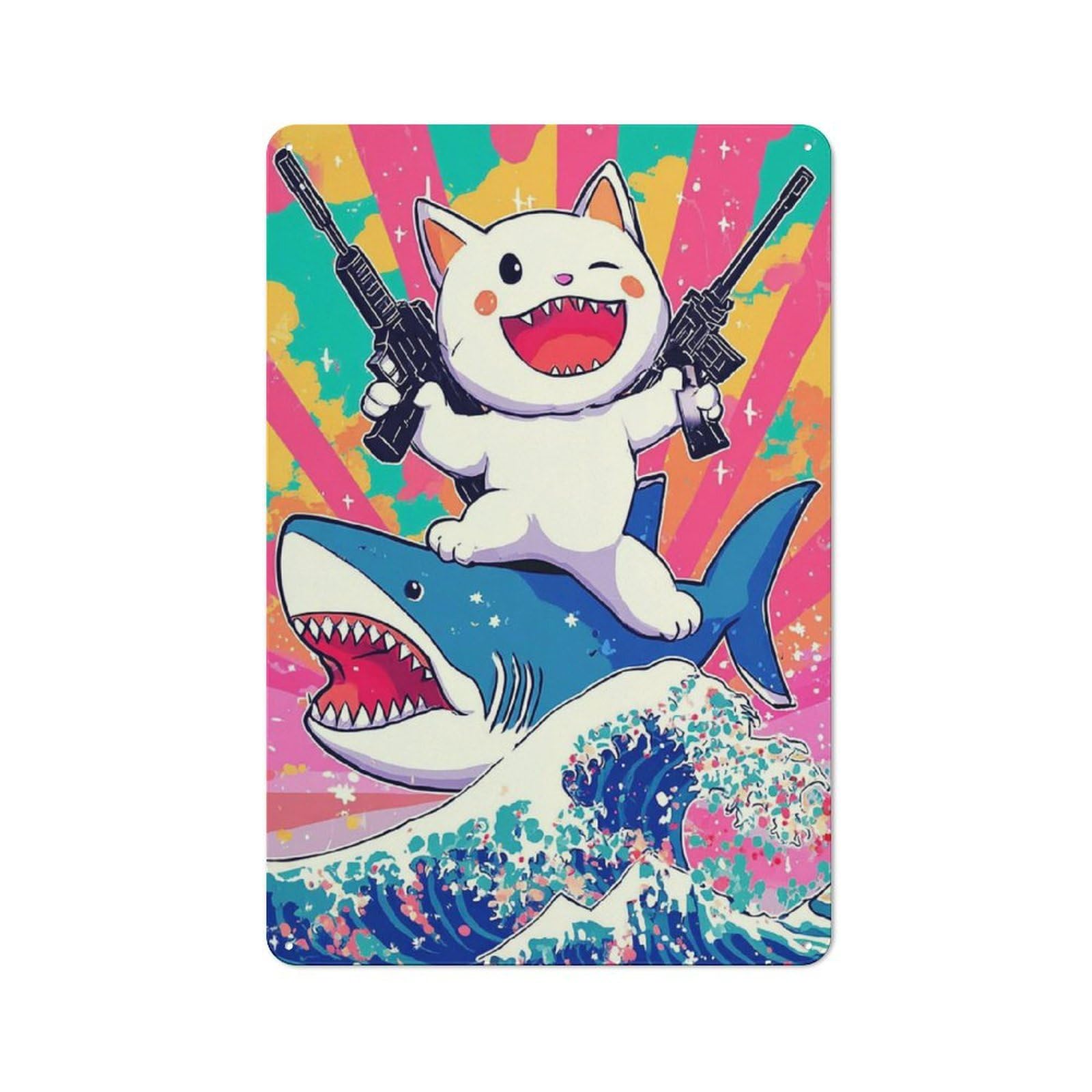 Junmoney Cool Cat On Shark With Guns Classic Metal Sign 30X20cm Featuring Bar Wall Plaque For Diner, Restaurant, Shed Or Kitchen