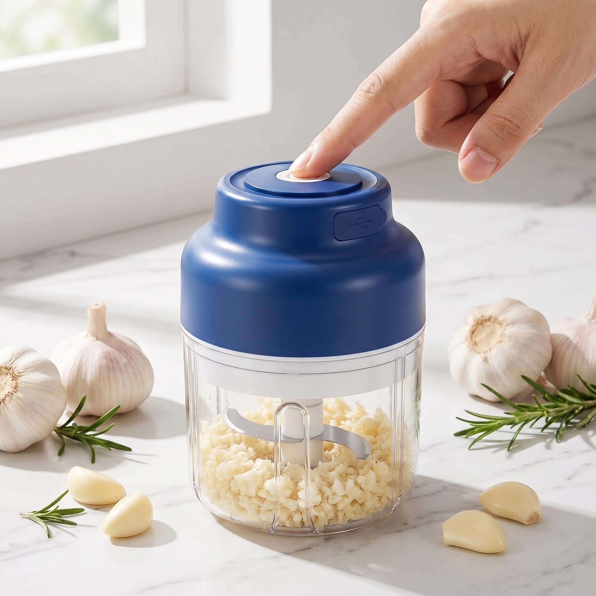 Mini picadora de ajo eléctrica, recargable por USB, inalámbrica, para ajo, jengibre, cebolla y verduras, utensilio de cocina rápido y eficiente, capacidad de 320 ml