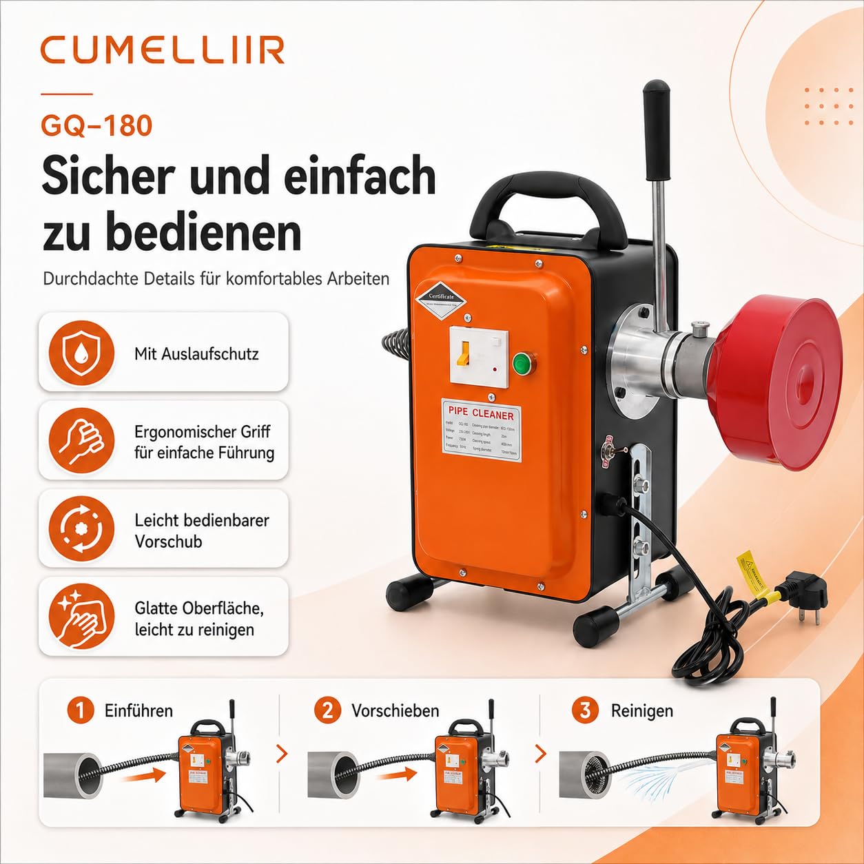 Máquina de limpieza eléctrica de tuberías de 20 m en espiral, limpieza de canales, 750 W, dispositivo de limpieza de tuberías eléctrico con rodillo, espiral de limpieza de tuberías para baño y cocina