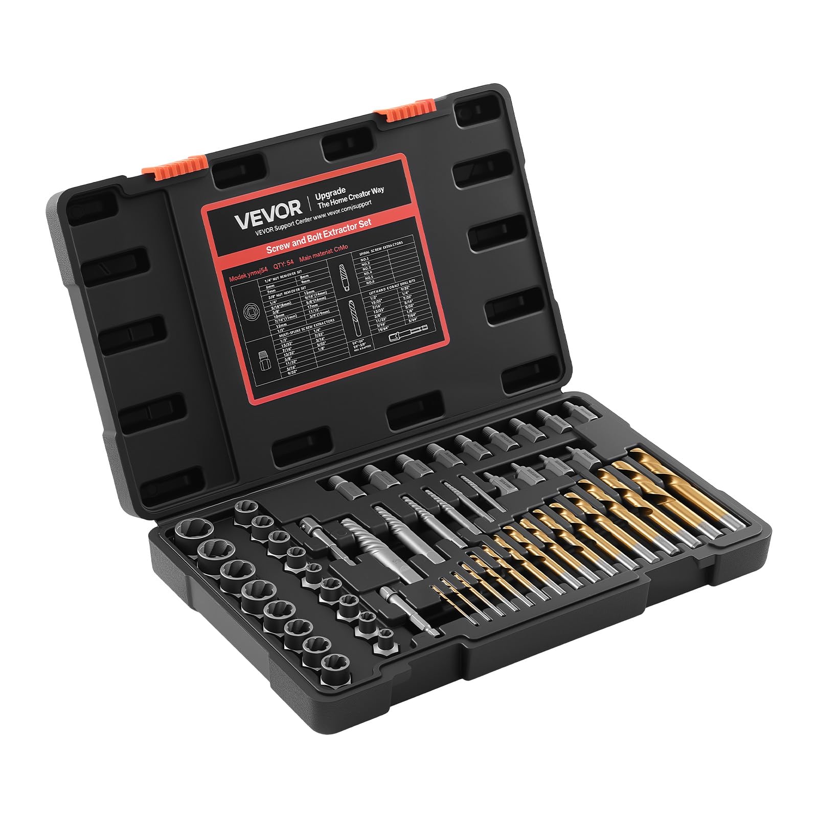 VEVOR Kit Extracteurs de Vis Cassée 54PCs, Outils d'Extraction d'Écrous Endommagés et Arrondis, pour Réparation Domicile Atelier, en Acier Cr-Mo Robuste, avec Adaptateurs et Coffret de Rangement