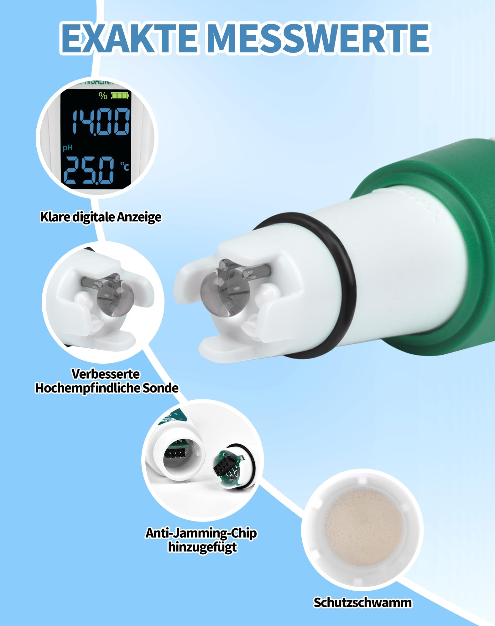 PH Messgerät 5IN1 TDS EC PH Temp Salt(%) Wassertester für Pools