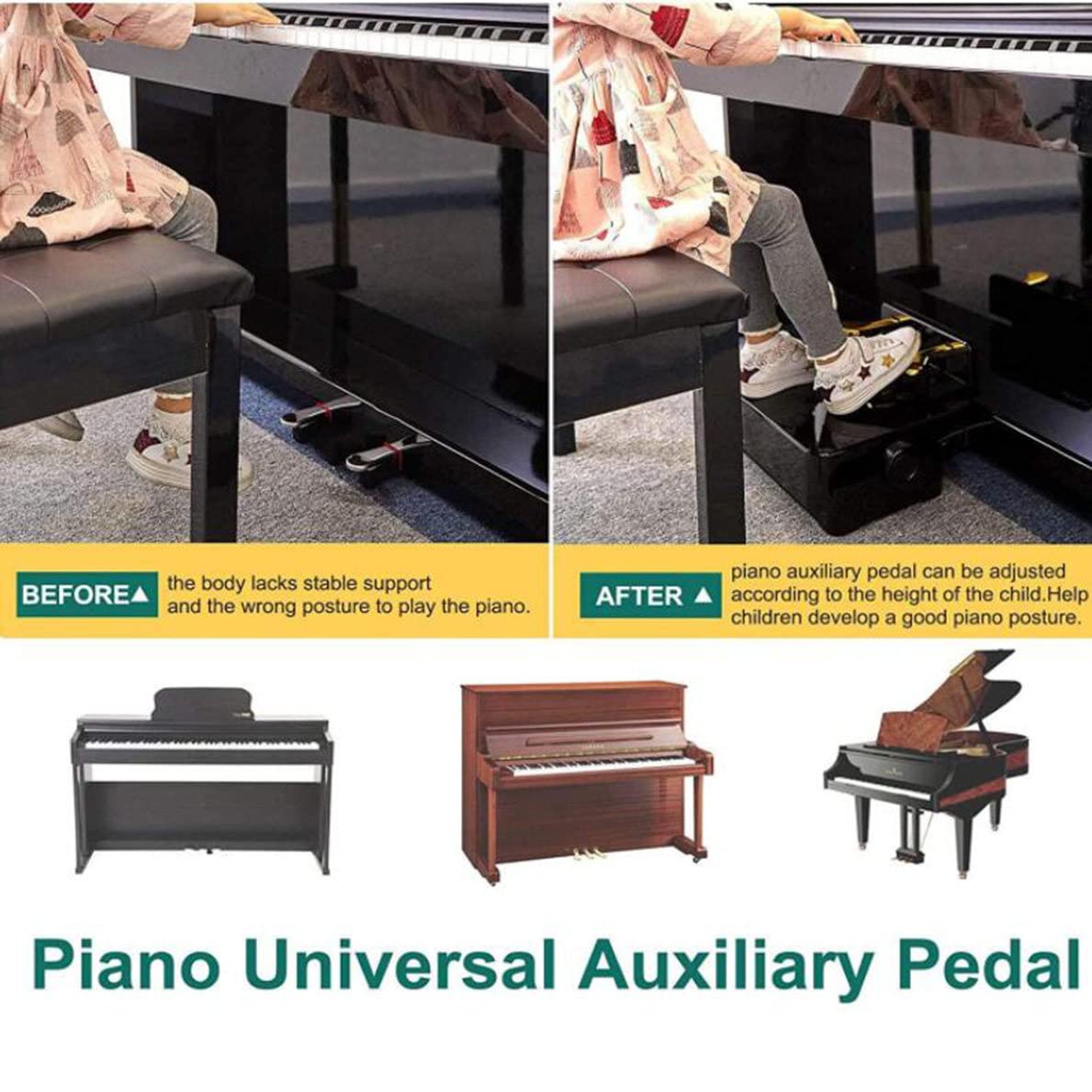 FAXIOAWA Extensiones de Pedal de Piano, Extensores de Pedal de Piano auxiliares de Acero para niños con 3 Pedales Banco de extensión de Pedal de Piano Ajustable para Principiantes y niños,A