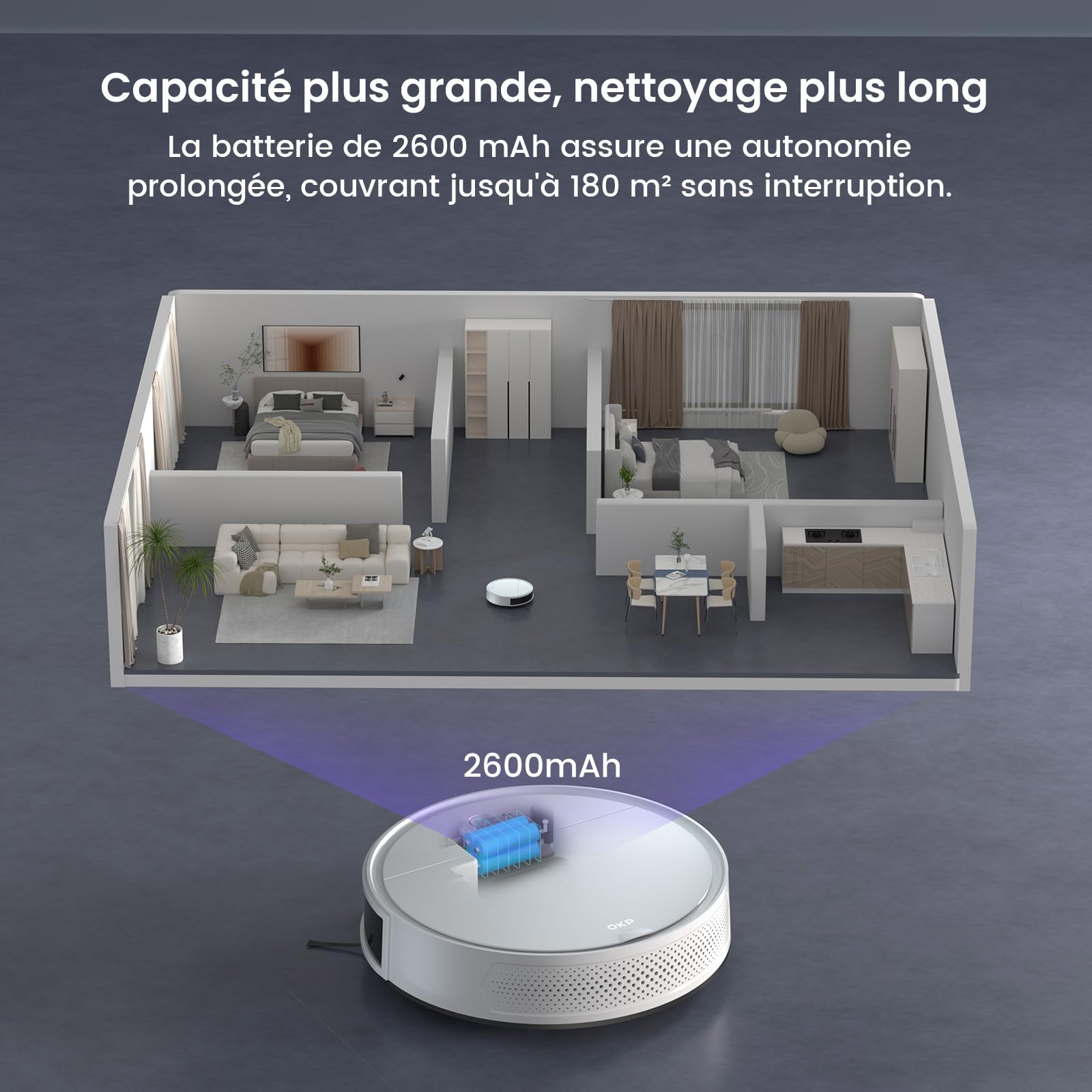 OKP K5 Pro Aspirateur Robot, 5000 Pa,180 Minutes,Ultra-Mince 7,7 cm, Évitement d'obstacles PSD, Silencieux, Adapté aux sols durs et Efficace Contre Les Poils d'animaux, Wi-FI/App/Alexa, Blanc