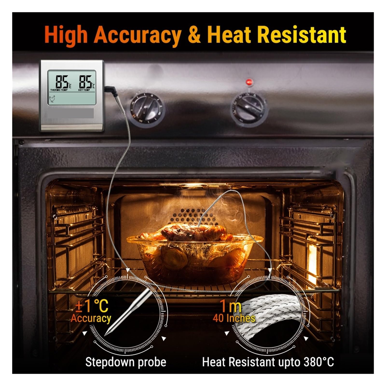 Termoigrometro Termometro for Carne da Cucina con Display LCD Digitale for Griglia da Forno for Barbecue con Funzione Timer(Silver)