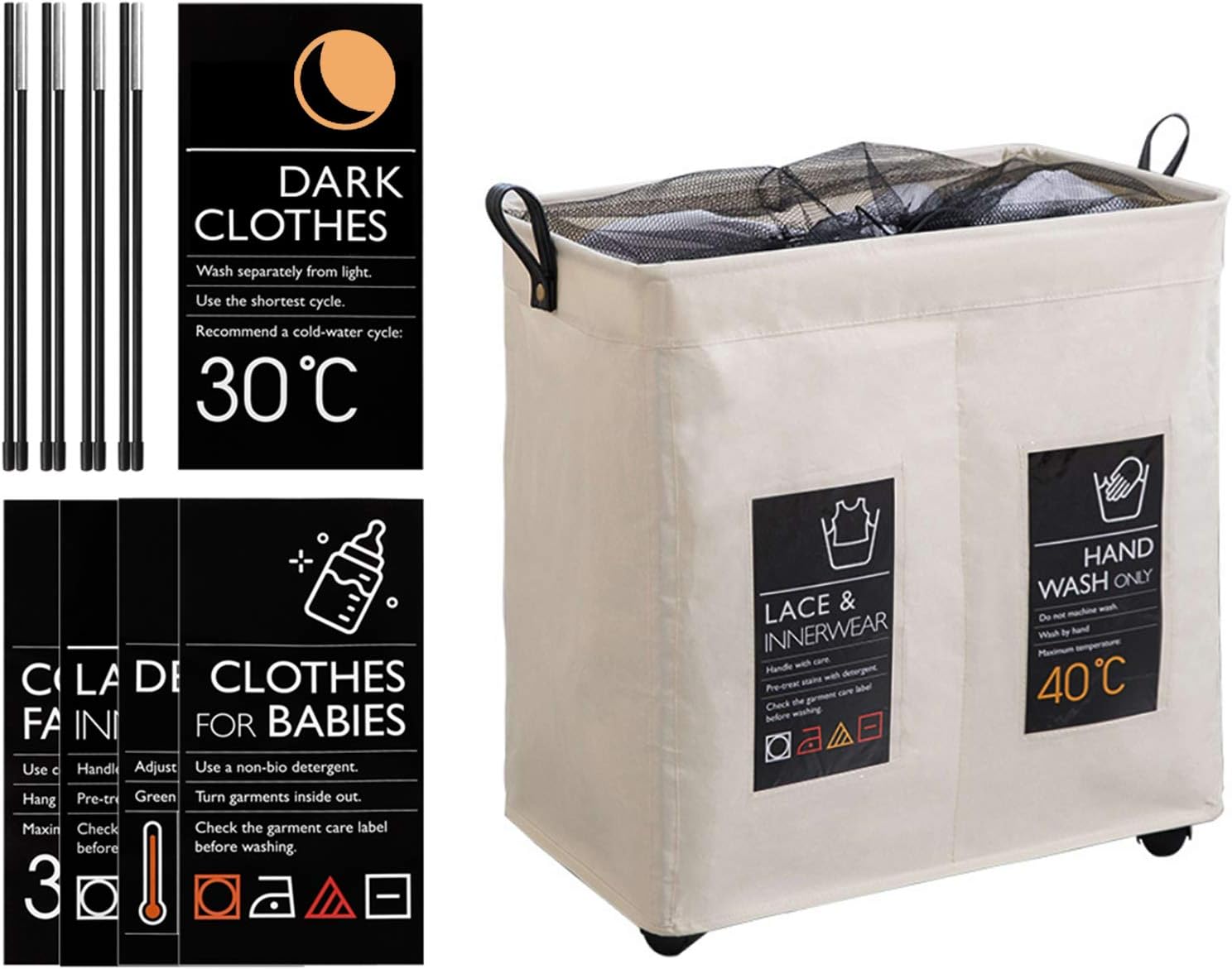 Rolling Slim Laun Basket 2 Compartments with Universal Wheels and Handle Foldable Oxfo Cloth Laun Hamper Mesh D String Dirty Clothes Organizer with 4 Su ort Rods 6 Sort Ca s-buzhi