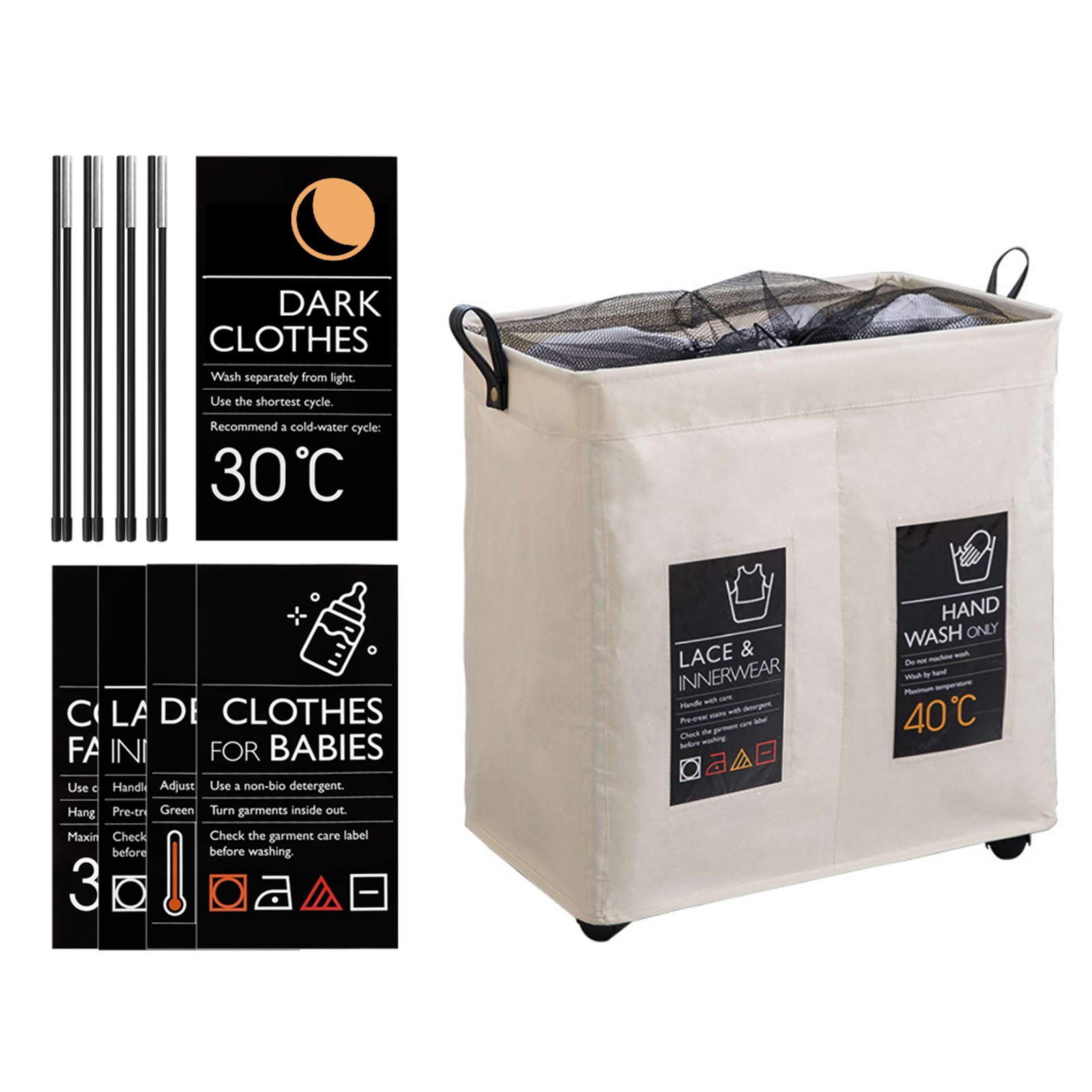Cesto portabiancheria sottile a 2 scomparti con ruote universali e manico pieghevole in tessuto Oxford cesto portabiancheria in rete con coulisse per vestiti sporchi r con 4 aste di supporto, 6 carte