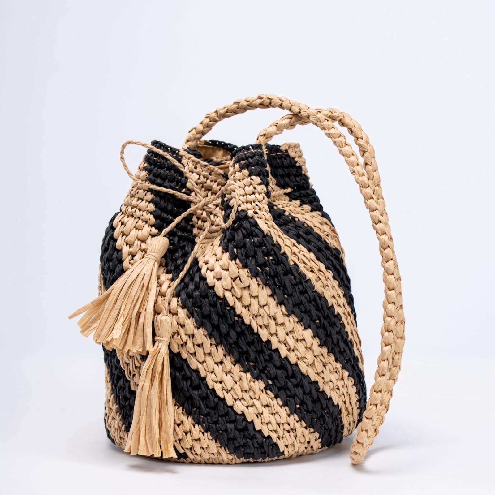 Borsa Donna A Spalla Stile Bohemia Erba Fatta Mano Tessuto Crossbody Tempo Libero Vacanze Spiaggia Secchio Borsa-Black