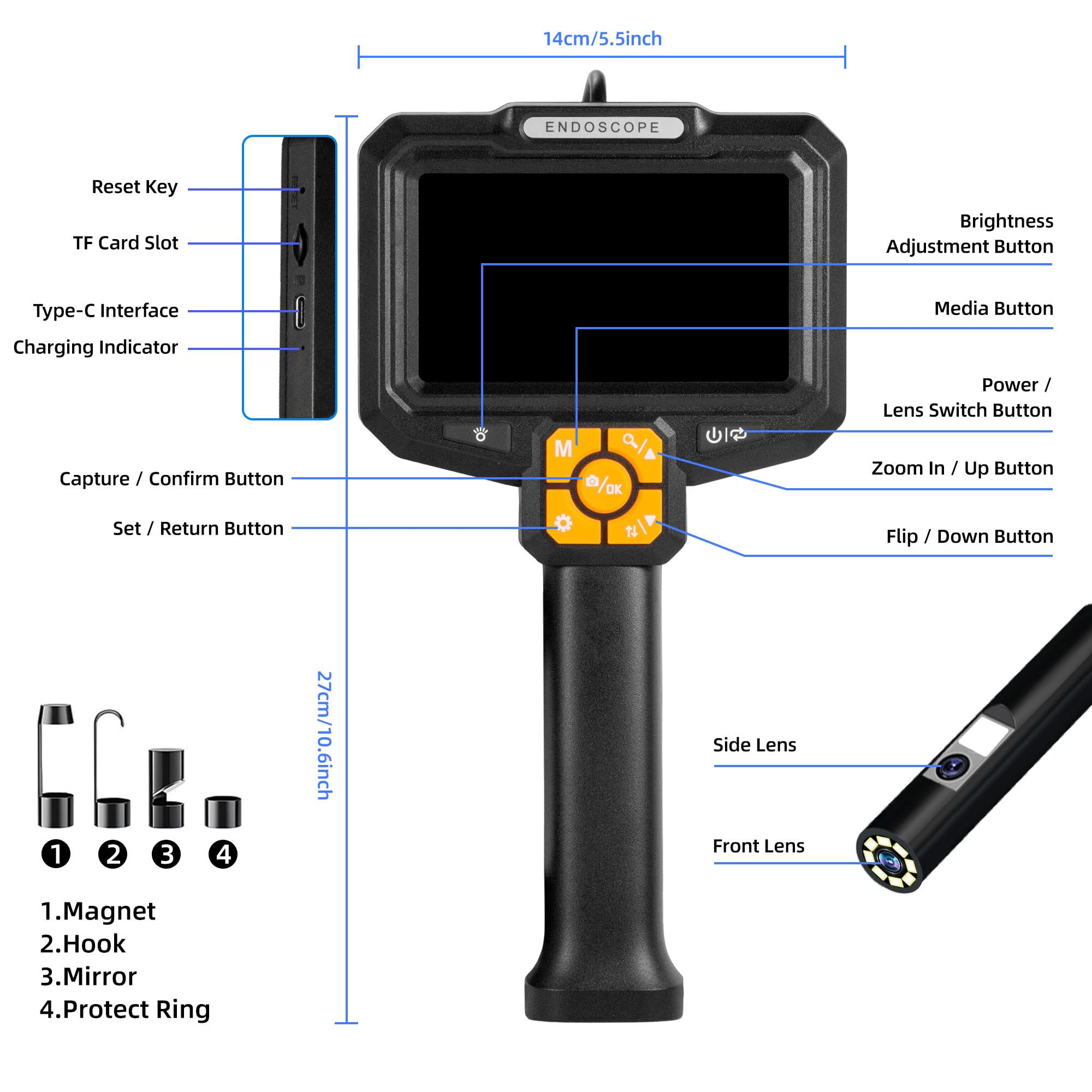 Kamera endoskopowa ze światłem, wodoszczelność IP67, endoskop 5", ekran IPS 5", kamera rurowa 2 MP HD z 9 regulowanymi diodami LED, półsztywny kabel 10 m