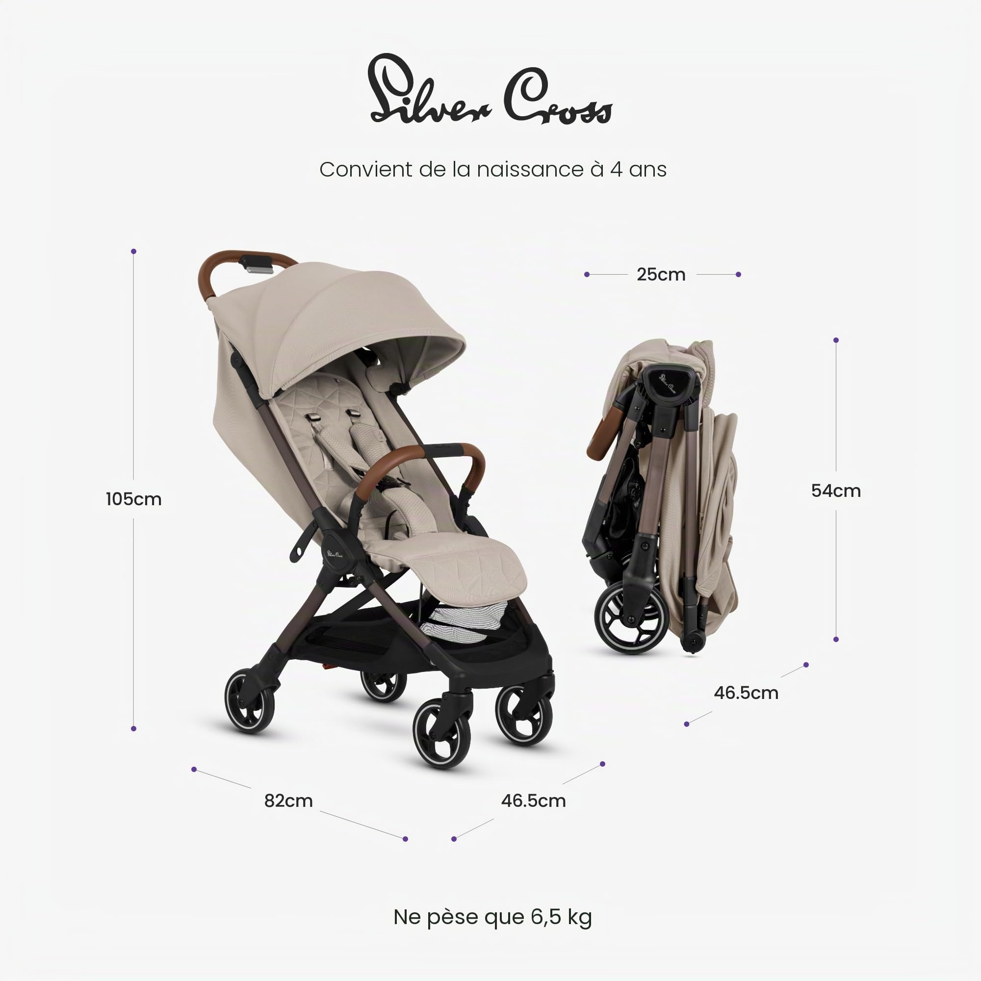 Silver Cross - Poussette compacte et sac de voyage Clic 2 - Poussette de voyage pour la vie en déplacement - Pliable et légère - Convient de la naissance à 4 ans - Latte
