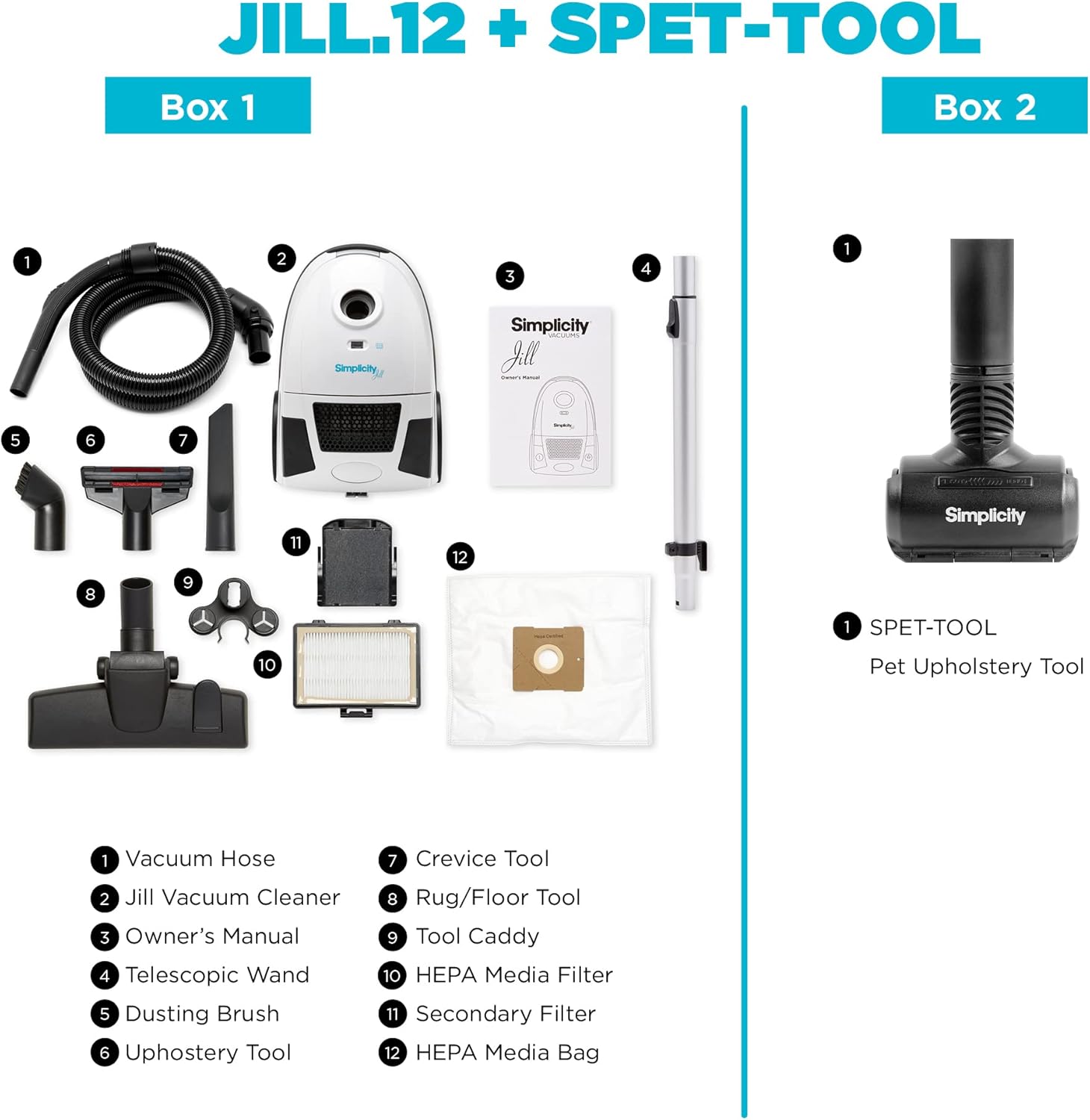 Simplicity Vacuums Jill Compact Canister Vacuum Cleaner with Pet Tool Fur Remover, Bagged Vacuum with Certified HEPA Filtration for Hard Floors and Rugs, Stair Vacuum