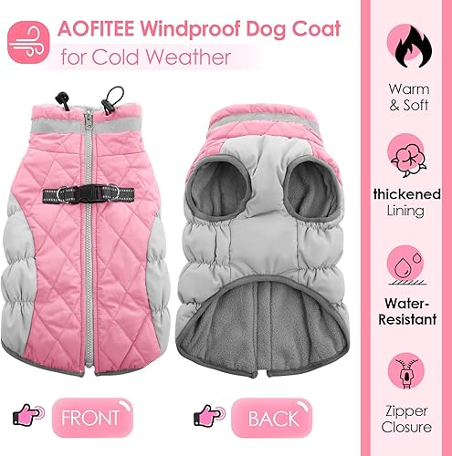 Miniatura 2 de AOFITEE Abrigo de invierno para perro, chaqueta cálida de forro polar para clima frío, chaleco reflectante a prueba de nieve con anillo de correa,