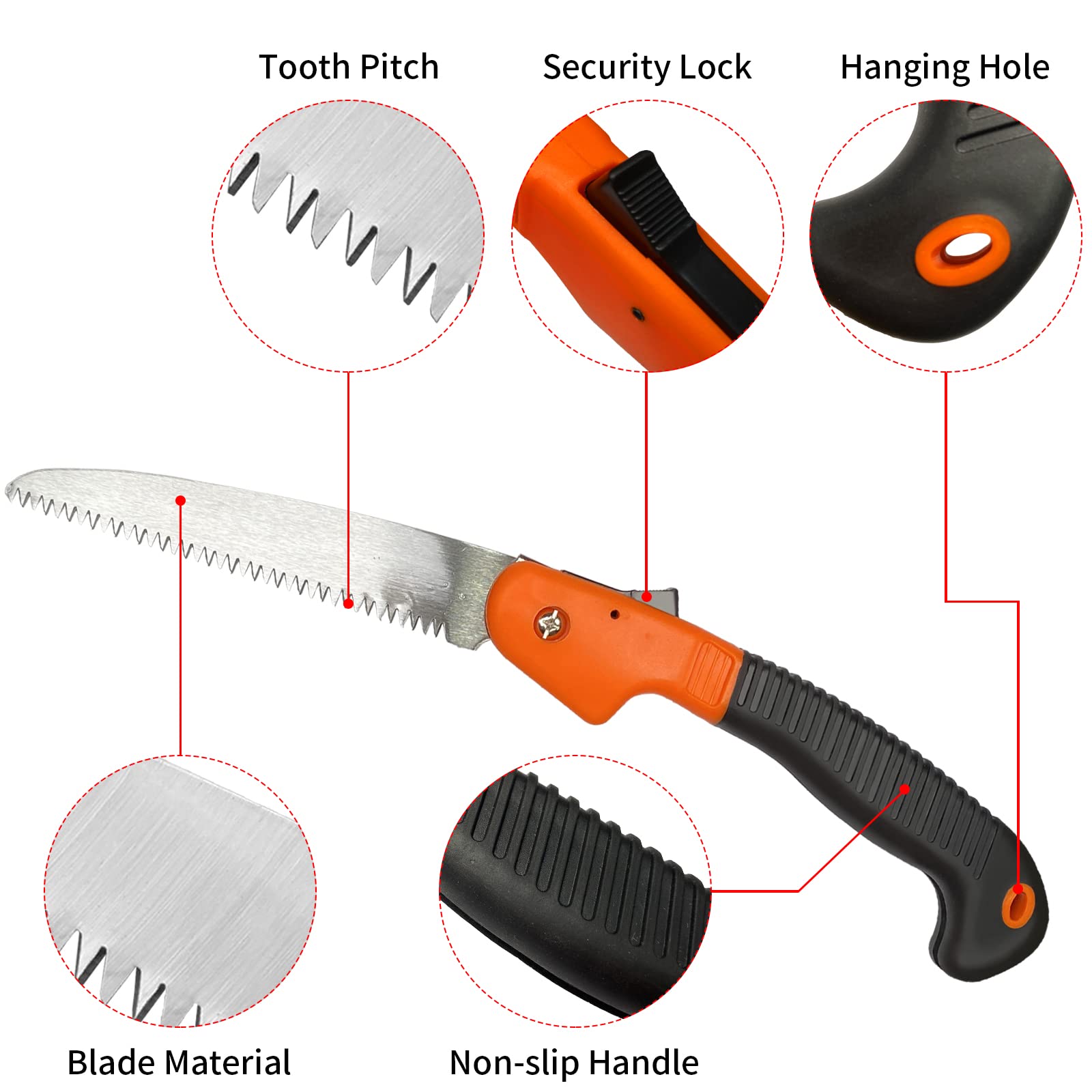 Newaner Serrucho de Poda Plegable de 180mm,Sierra de Mano Plegable Mango Antideslizante - Ajustable - Cierre de Seguridad,Sierra de mano premium para jardinería, camping, poda de ramas（naranja）