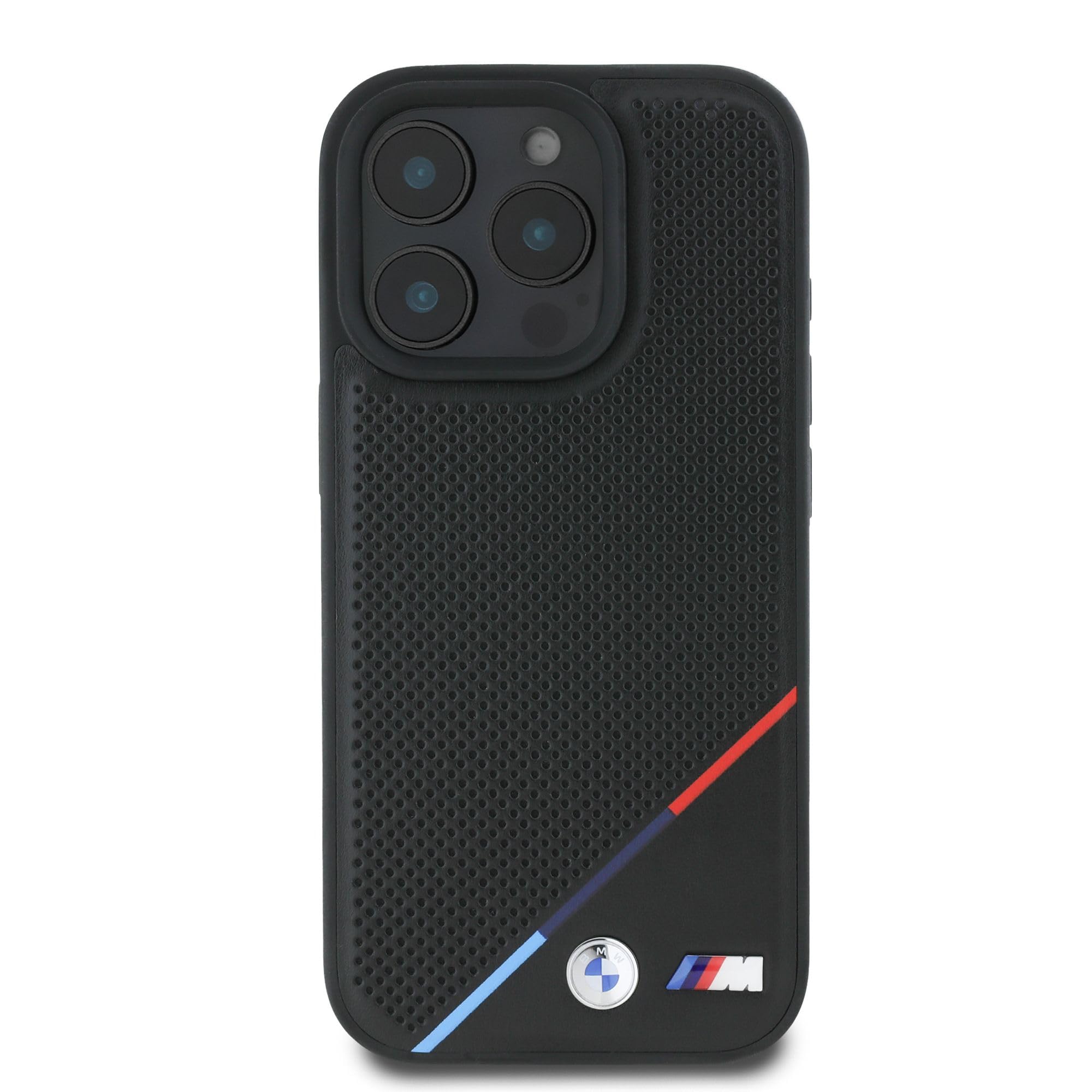CG Mobile BMW HC M - Funda de teléfono diseñada para iPhone 16 Pro, Duradera, a Prueba de Golpes, Compatible con Magsafe, Funda de Poliuretano Perforada de línea Tricolor, Color Negro