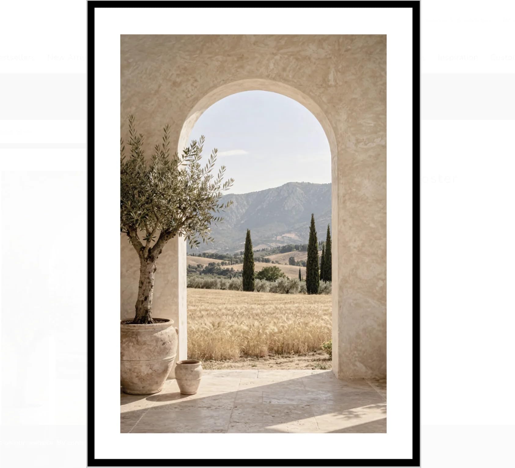Dittelle Leinwanddruck „Toskanischer Bogen, Olivenbaum, Weizenfeld“, neutrales rustikales italienisches Landschaftsmotiv aus Zypressen, Wandbild für das Wohnzimmer (30 x 40 cm/Innenrahmen)