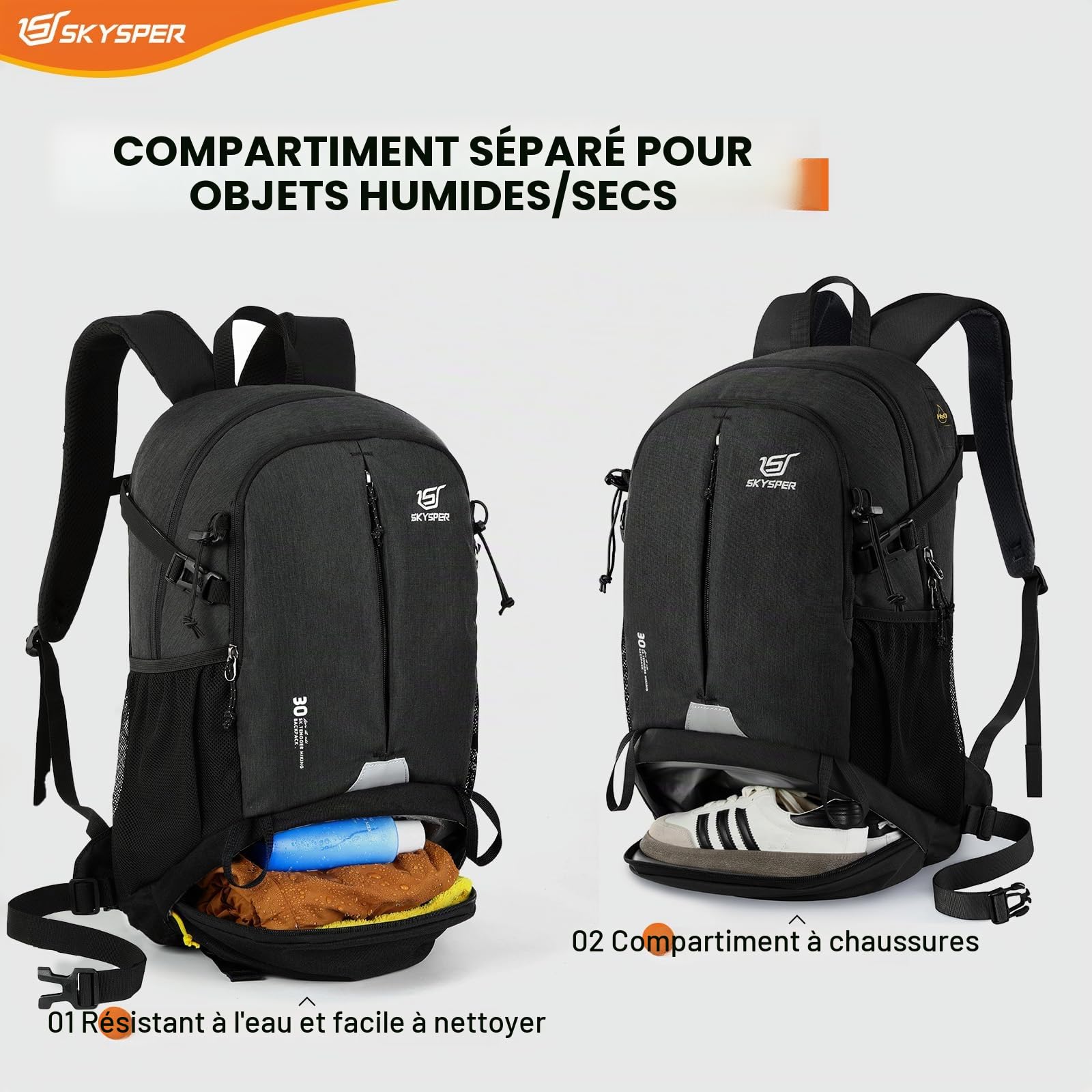 SKYSPER 30L Sac à Dos de Randonnée avec Compartiment pour Chaussures Sac de Sport pour Excursions Trekking Voyage