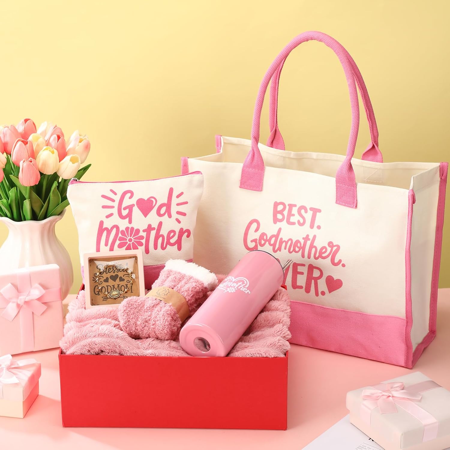 Geiserailie 6 Pcs Godmother Proposal Gift Set Stainless Steel Tumbler with Straw Godmom Bag Makeup Bag Blanket Bracelet Socks Will You Be My Godmother Proposal Gift for Mother's Day Birthday(Pink) - Image 4