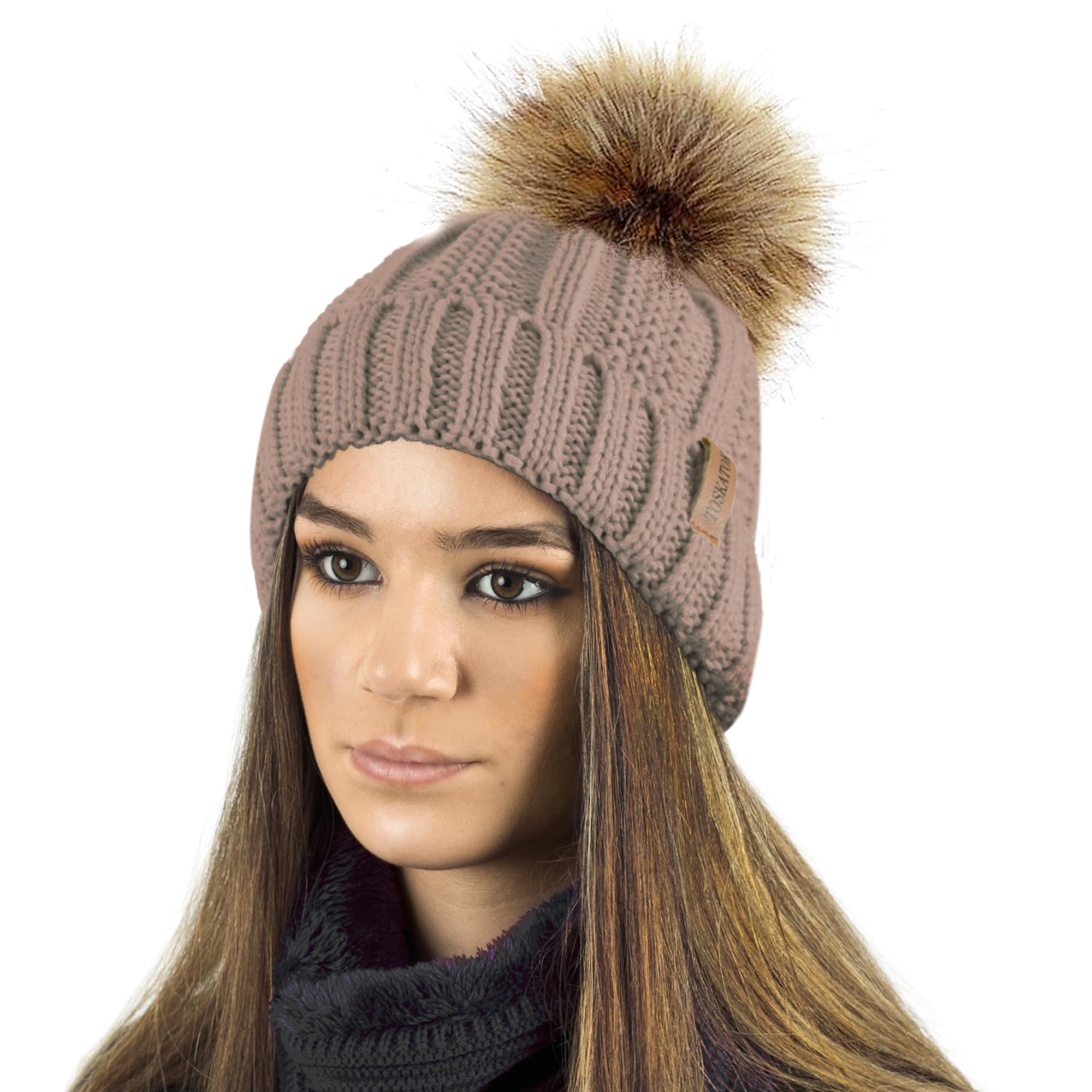 TOSKATOK Ladies Womens Winter Rib Seed Stitch Beanie Bobble Hat with Warm Cosy Fleece Liner & Large Faux Fur Pom Pom - Camel HAT