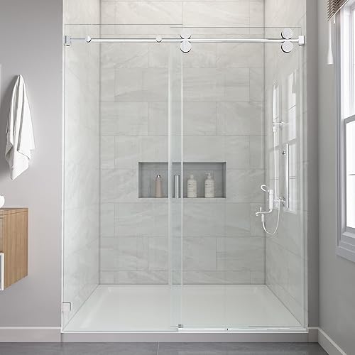 Miniatura 11 de Puertas de ducha sin marco de 56-60 pulgadas de ancho x 76 pulgadas de alto, ajustable, deslizante, 3/8 pulgadas (0.394 in), vidrio templado