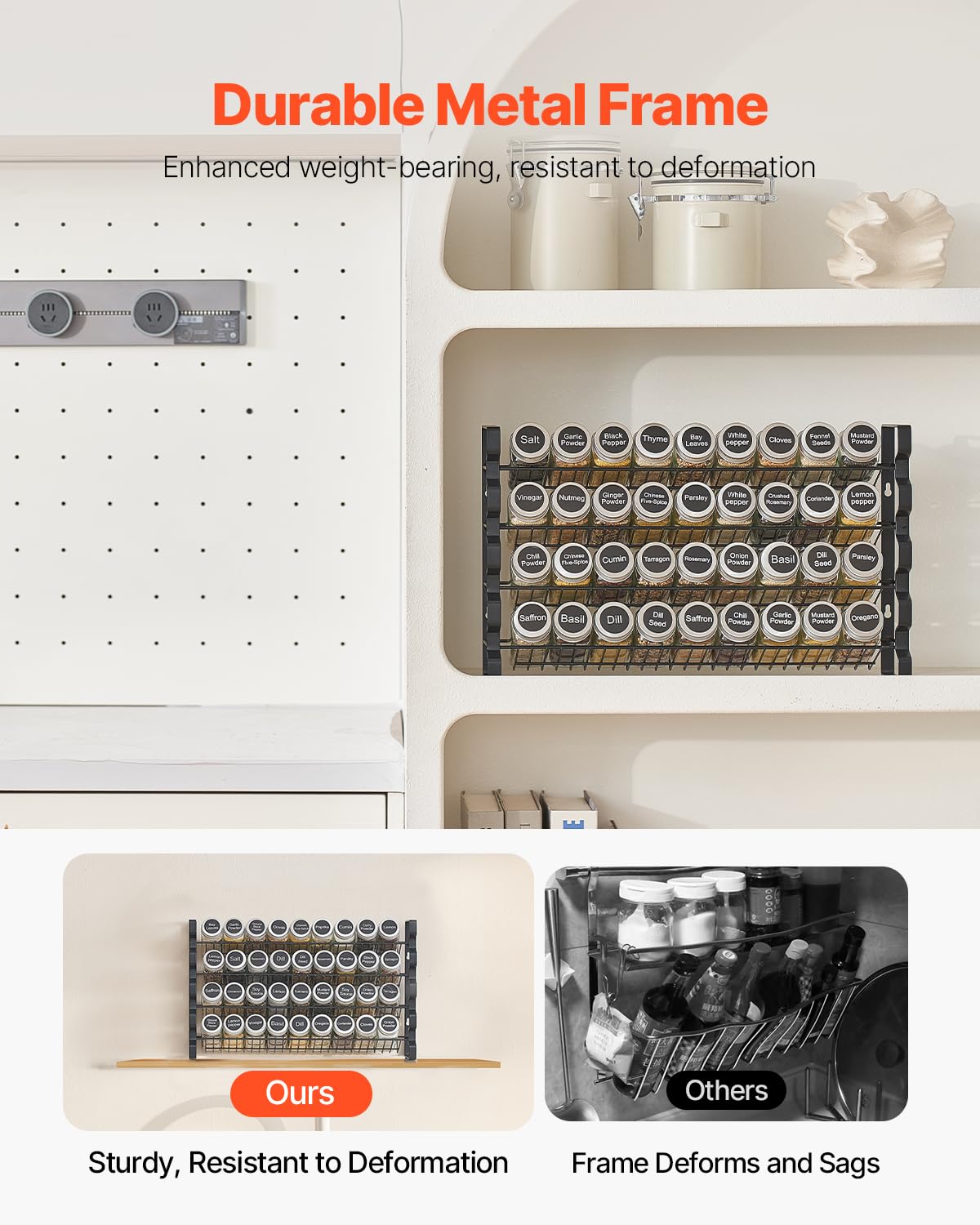 VEVOR 4-stöckiges Gewürzregal Gewürzhalter mit 36 leeren Gewürzgläser & Gestell & Gewürzetiketten & Trichter-Komplettset, Gewürz-Organizer für Küchen Schrank Speisekammer (463 x 118 x 282 mm)