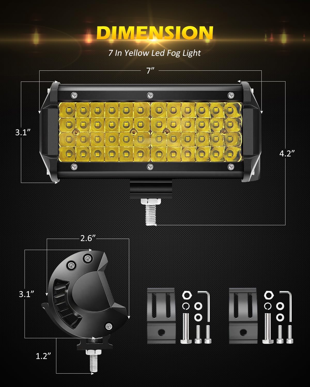 Amber Fog Lights, 7 Inch 2PCS Yellow Led Light Bar Spot Beam 11,520 LM Quad Row Led Pod Lamps Compatible with Jeep Trucks ATV UTV SUV Boat Marine