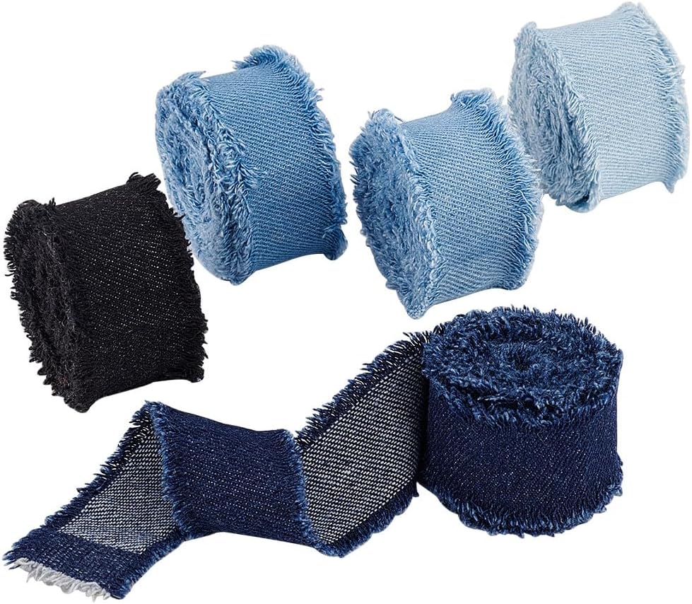 PH PandaHall 8.5 Yds x 1-5/8 inch 5 Colors Denim Ribbon, Rustic Frayed Fringes Fabric Ribbon for Wedding Invitations Gift Wrapping Bridal Bouquets DIY Crafts, 5 Rolls