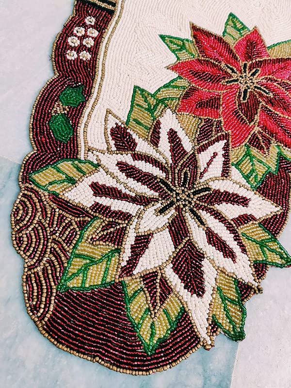Image of MFU - Made For You Premium Glass Beaded Table Runner 13x36 Inch Cream Maroon Floral Design | Handmade Decorative Rectangular Table Runner for Dining Table, Center Table, Coffee Table, Home Decor
